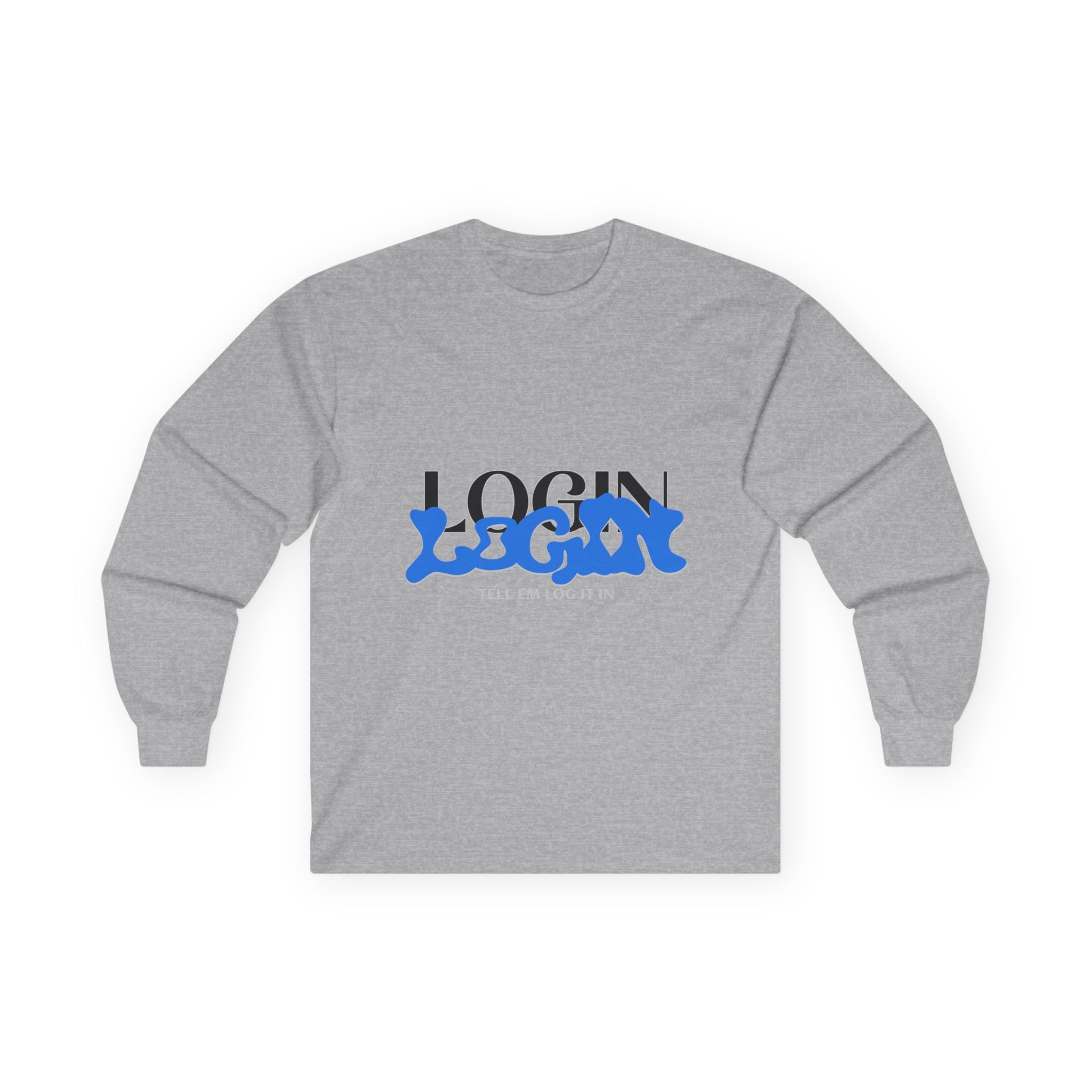 Long Sleeve Tee — "Login" Blue Script Graphic