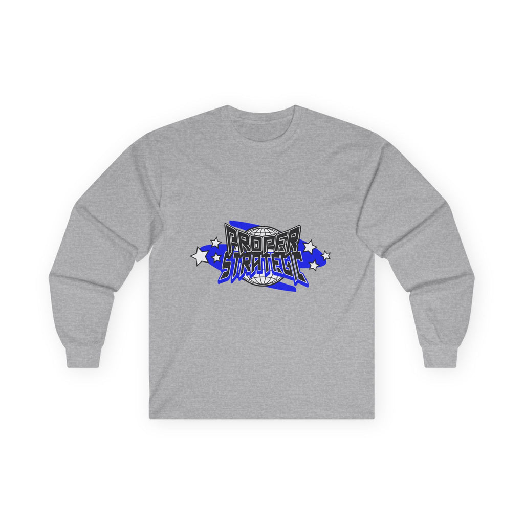 Proper Strategic Long Sleeve Tee — Retro Blue Graphic Shirt for Gamers & Strategists