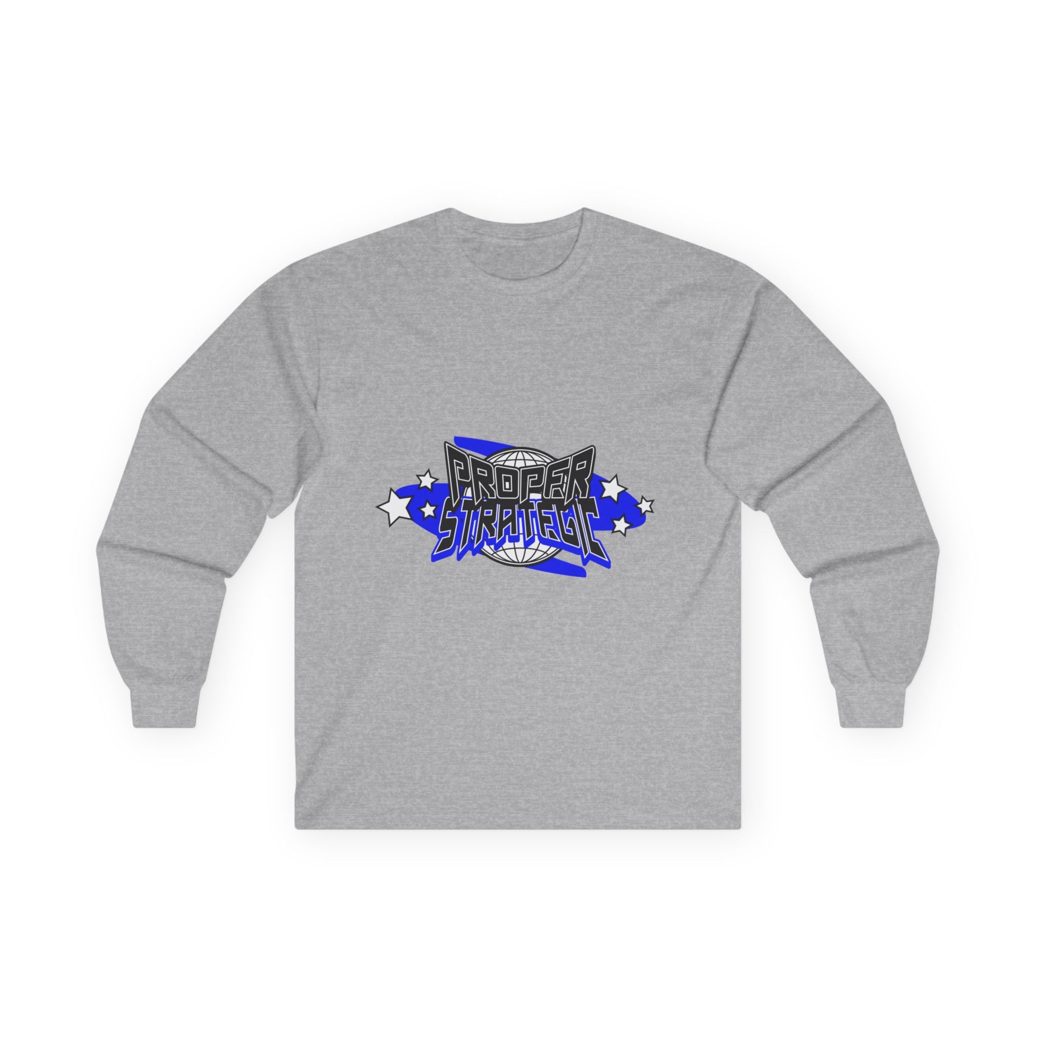 Proper Strategic Long Sleeve Tee — Retro Blue Graphic Shirt for Gamers & Strategists