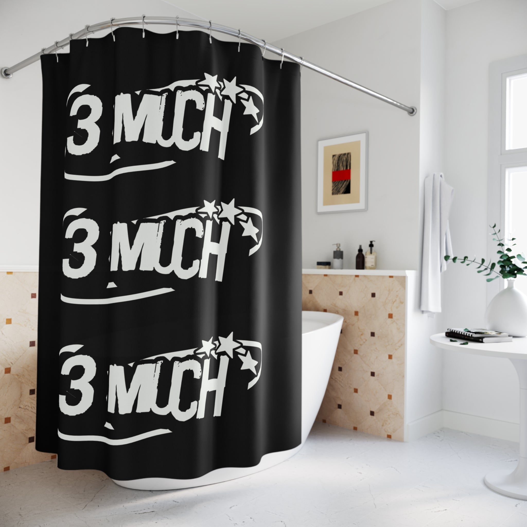3 Much Black Graphic Shower Curtain — Bold Monochrome Bathroom Decor