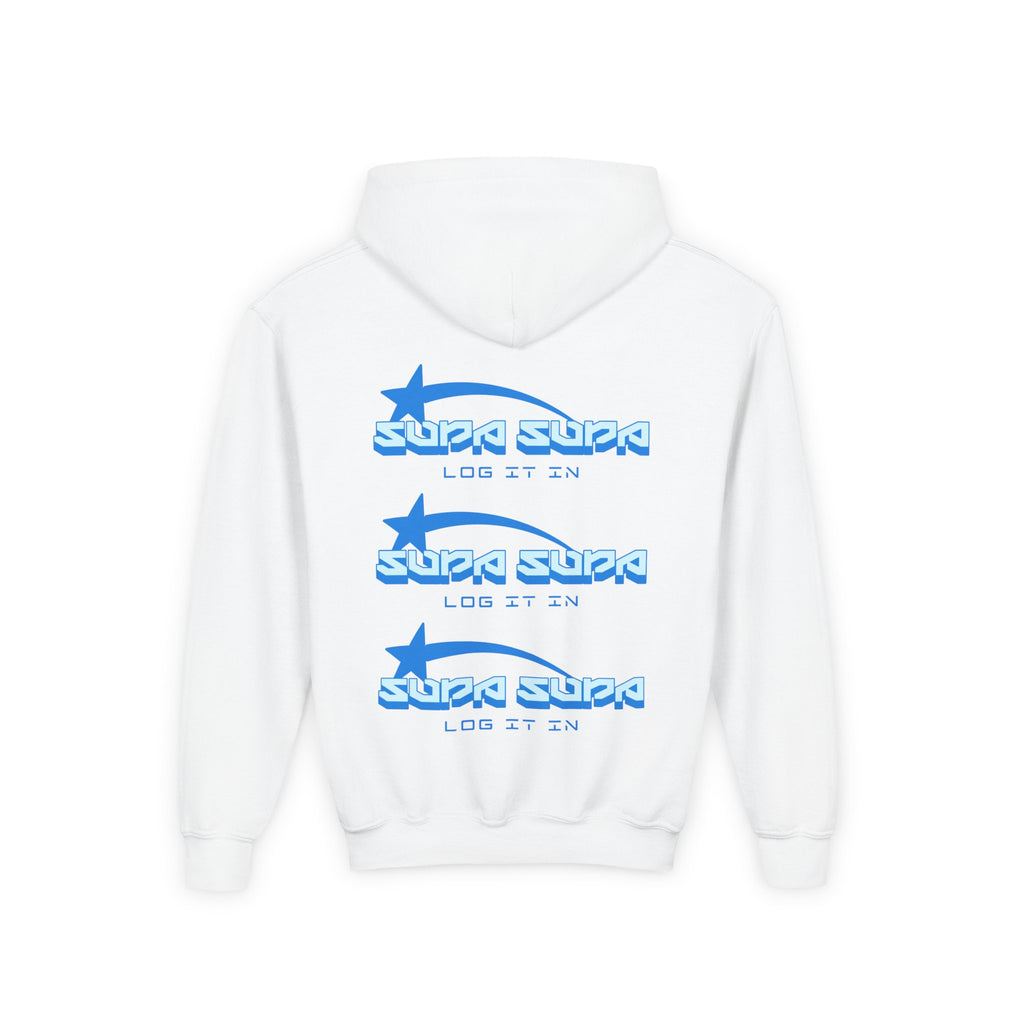 Youth Hoodie - Retro Blue "Supa Supa" Logo "Log It In" Graphic