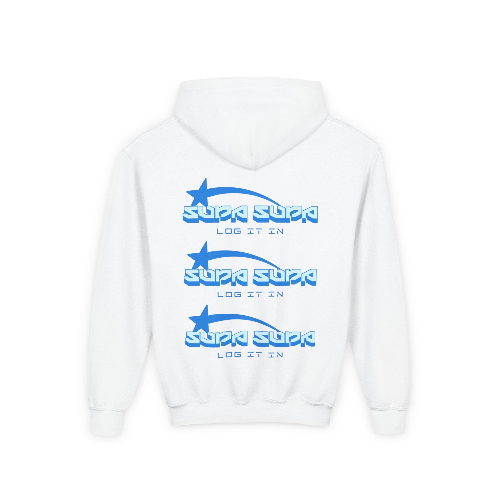 Youth Hoodie - Retro Blue "Supa Supa" Logo "Log It In" Graphic