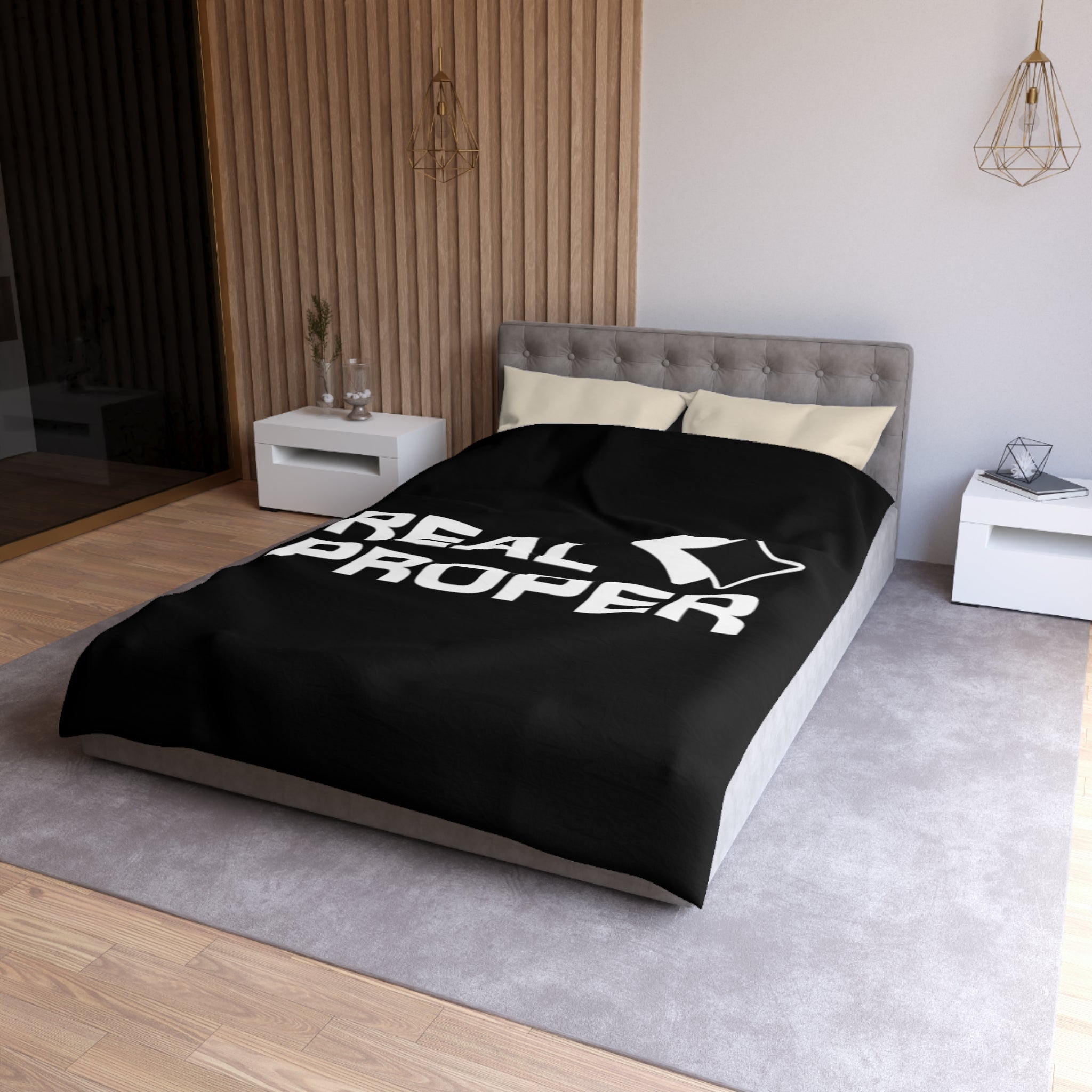 Duvet Cover — "REAL PROPER" Bold Text Black Microfiber Duvet
