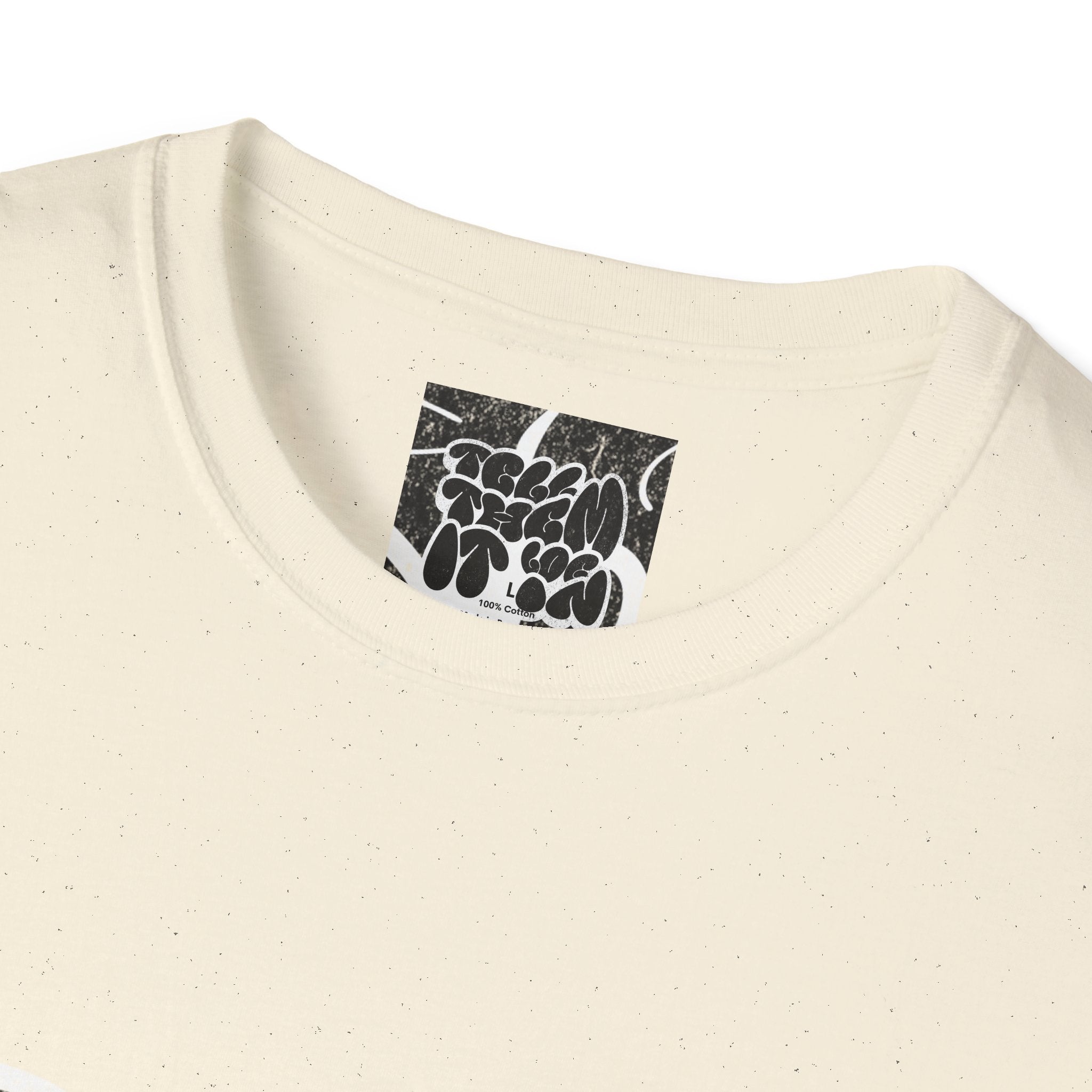 Abstract Bubble Letter Graphic "LOG IT IN" T-Shirt — Vintage Black Text Design