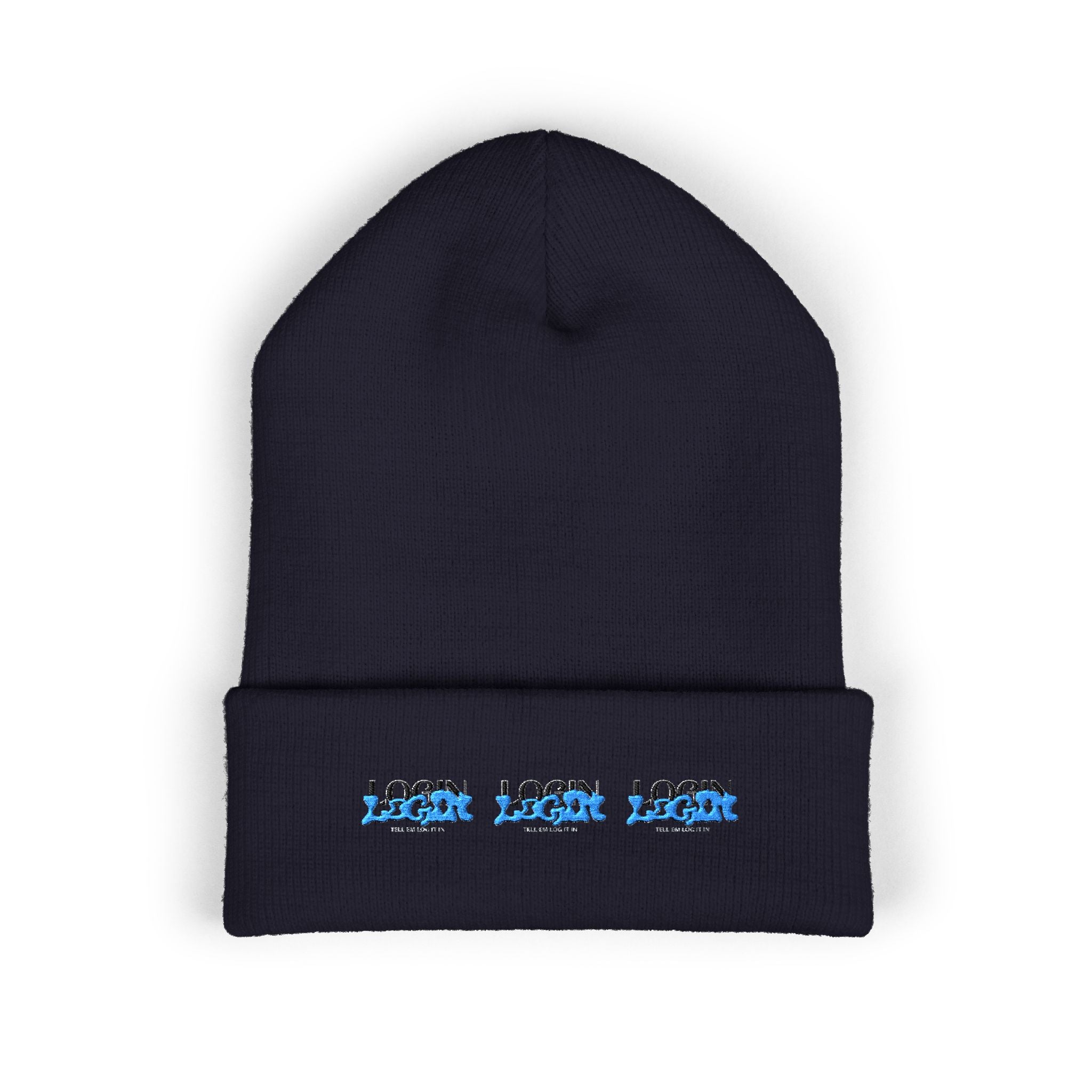 Embroidered 'Login' Cuffed Beanie — Minimal Winter Knit Hat