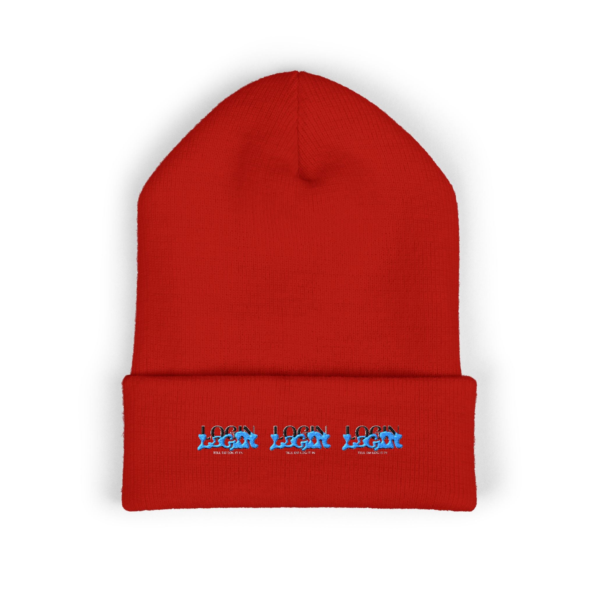 Embroidered 'Login' Cuffed Beanie — Minimal Winter Knit Hat