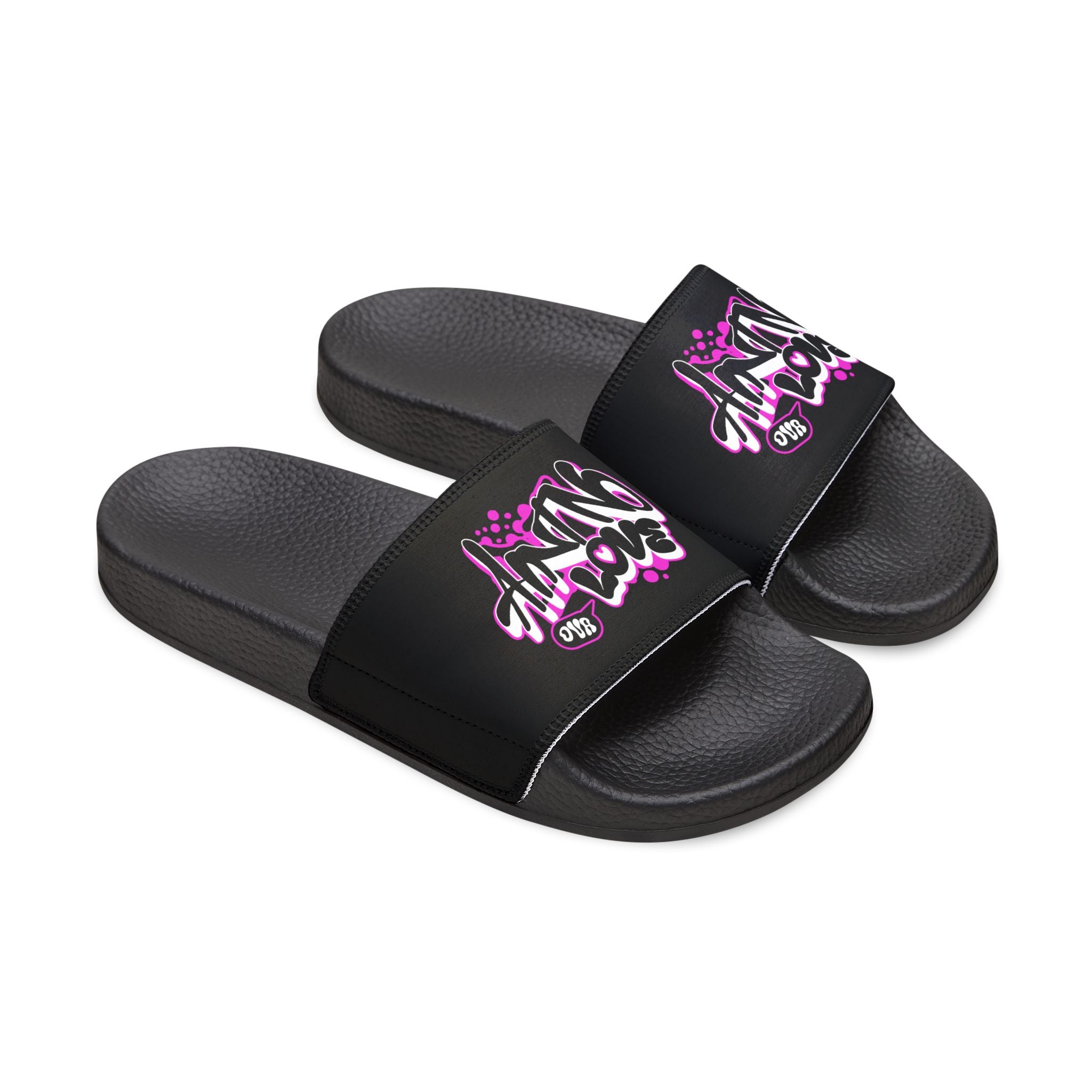 Slide Sandals — Black Graffiti 'NO LOVE' Removable-Strap Pool Slides for Women