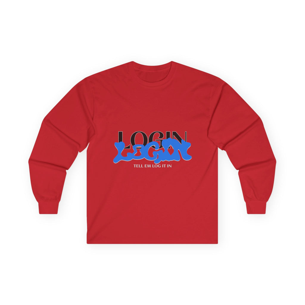 Long Sleeve Tee — "Login" Blue Script Graphic