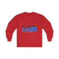 Long Sleeve Tee — "Login" Blue Script Graphic