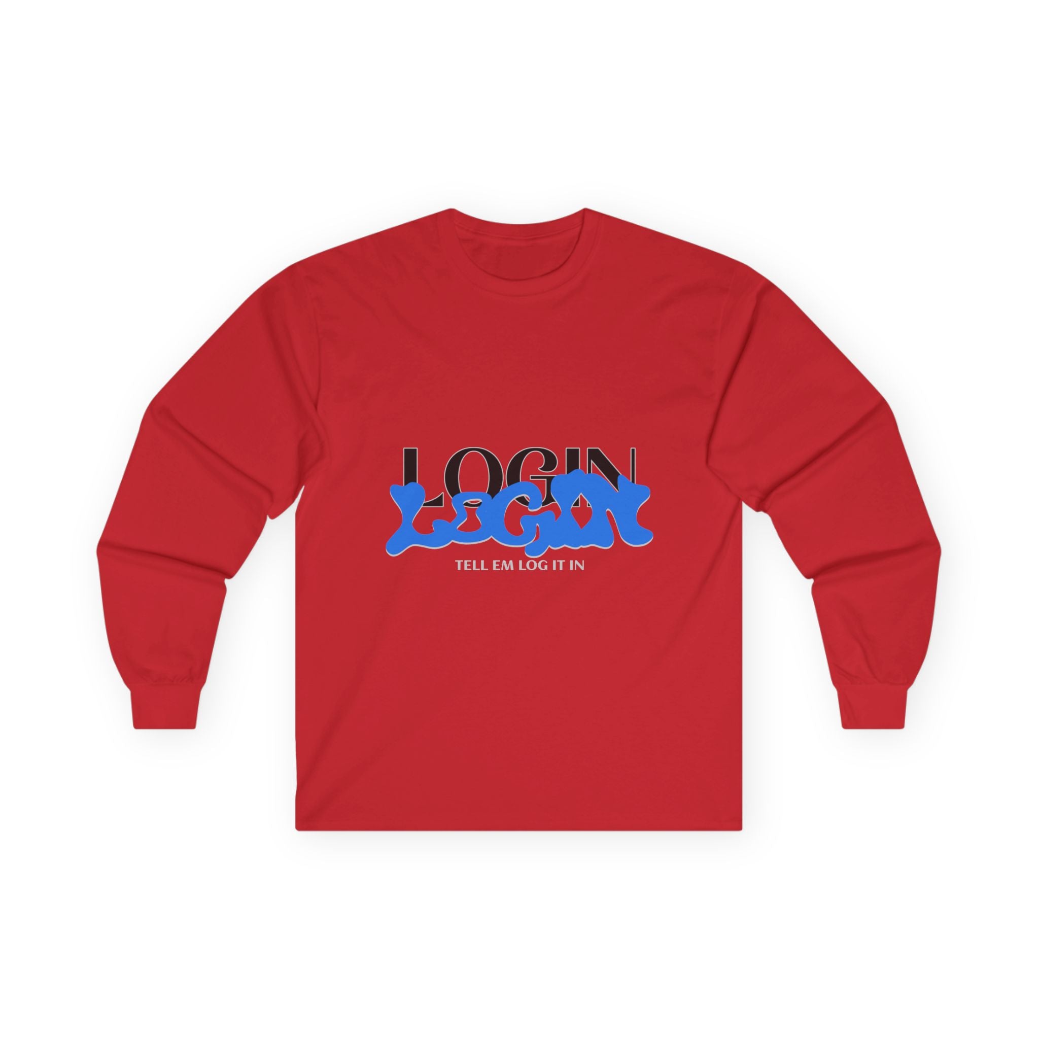Long Sleeve Tee — "Login" Blue Script Graphic