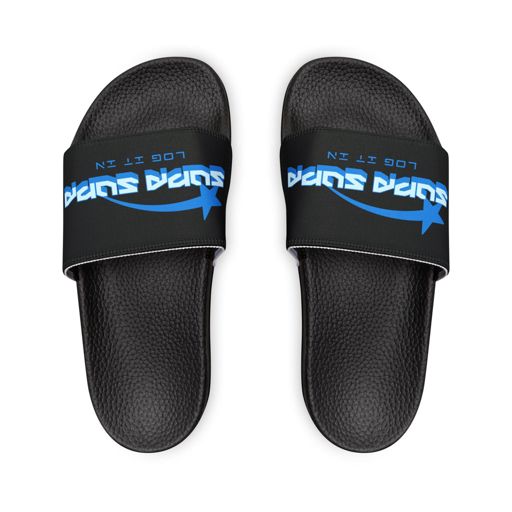 Youth Slide Sandals — Black Strap with Blue “SUPA SUPA” Logo