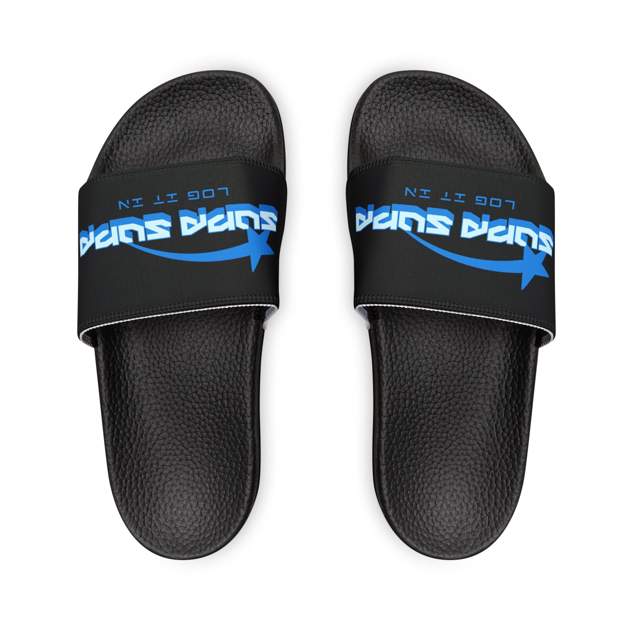 Youth Slide Sandals — Black Strap with Blue “SUPA SUPA” Logo