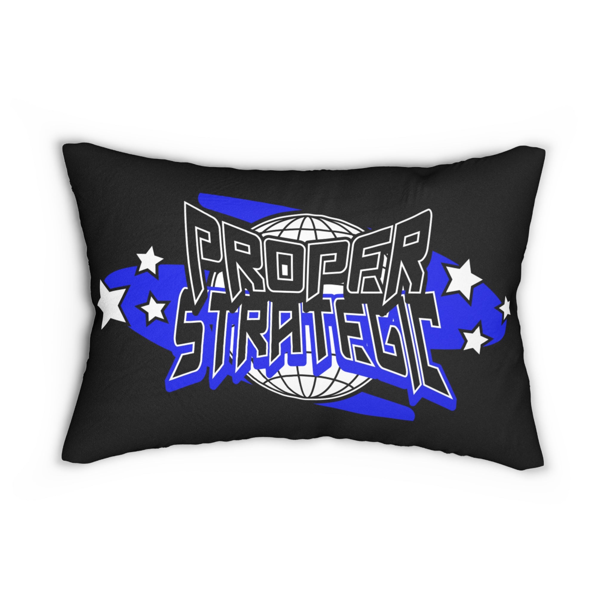 Lumbar Pillow — 'Proper Strategic' Retro Globe Graphic, Blue Stars Accent