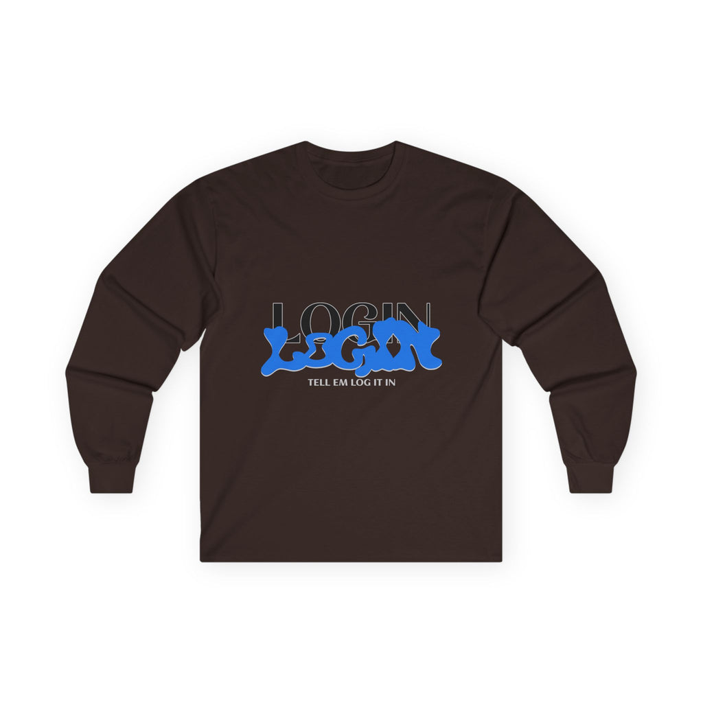 Long Sleeve Tee — "Login" Blue Script Graphic