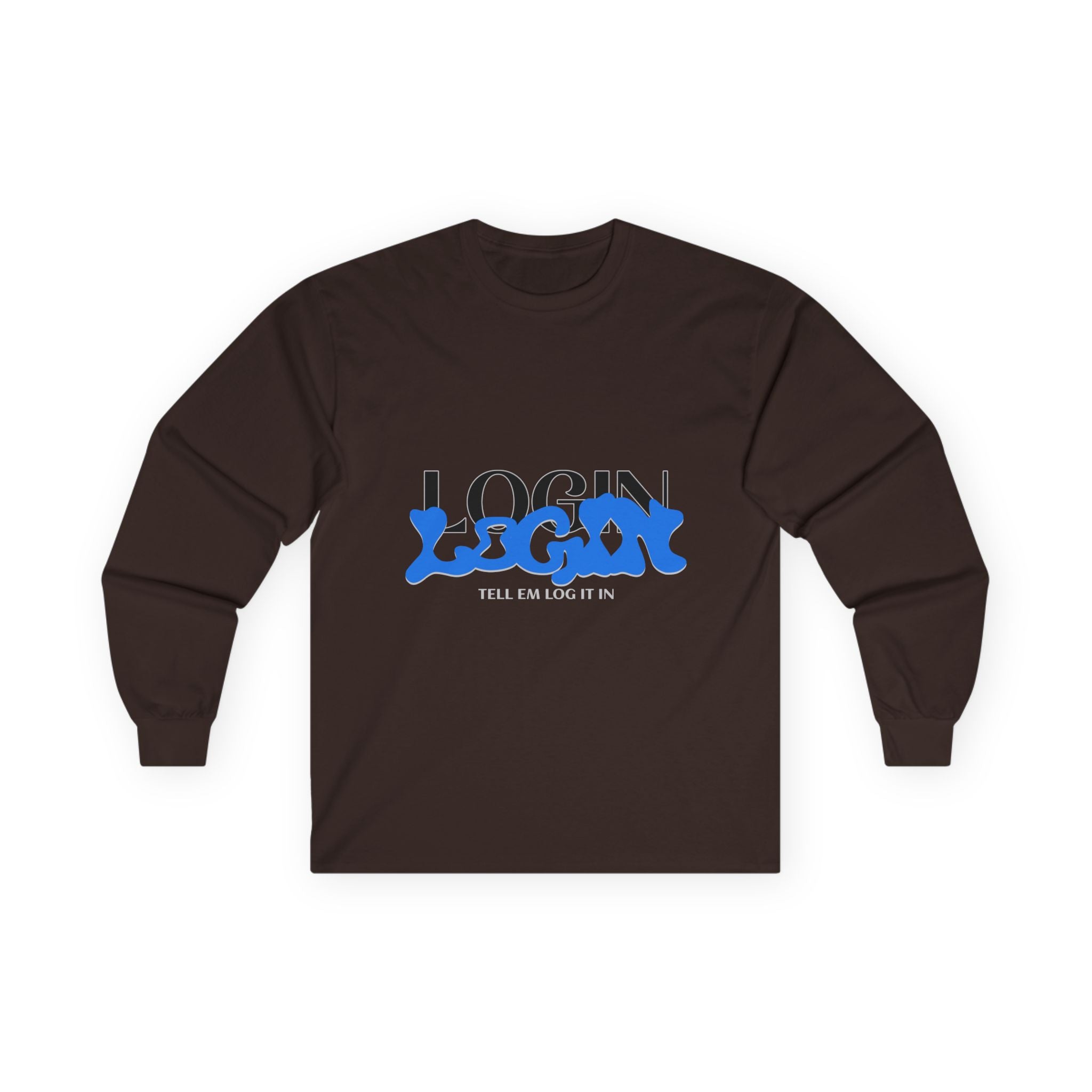 Long Sleeve Tee — "Login" Blue Script Graphic