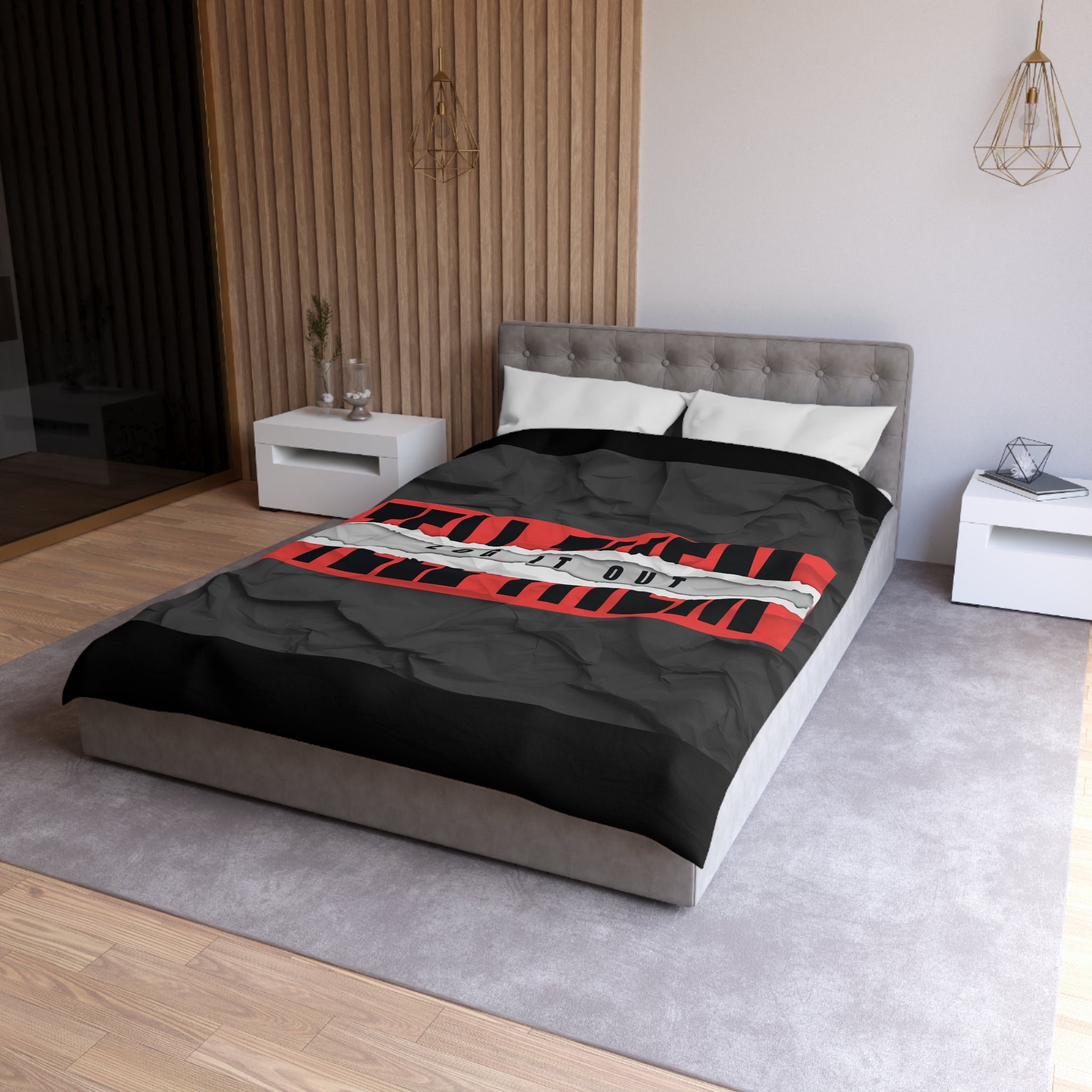 Duvet Cover — Bold 'Log It Out' Graphic Microfiber Duvet (Crinkled Black & Red)