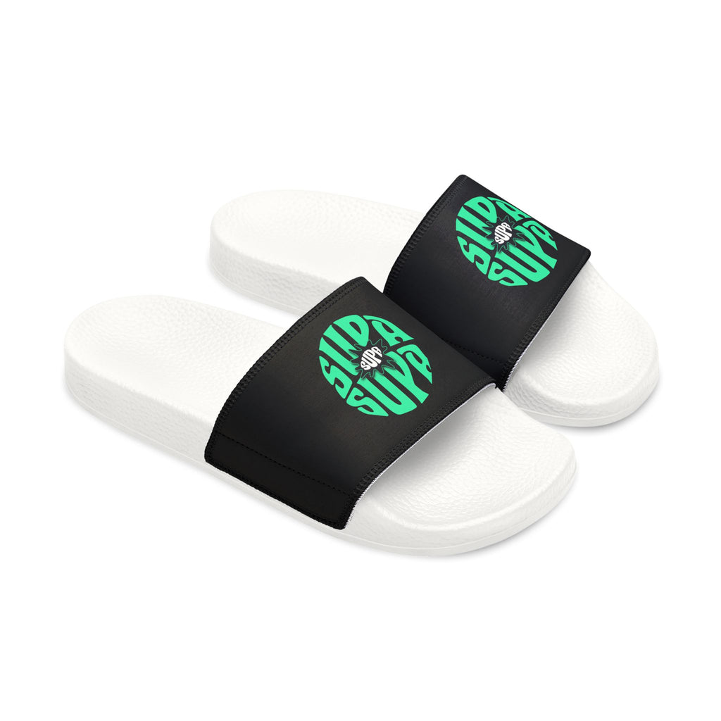 Slide Sandals — Supa Supa Removable‑Strap Slides with Aqua Circular 'Slides' Graphic