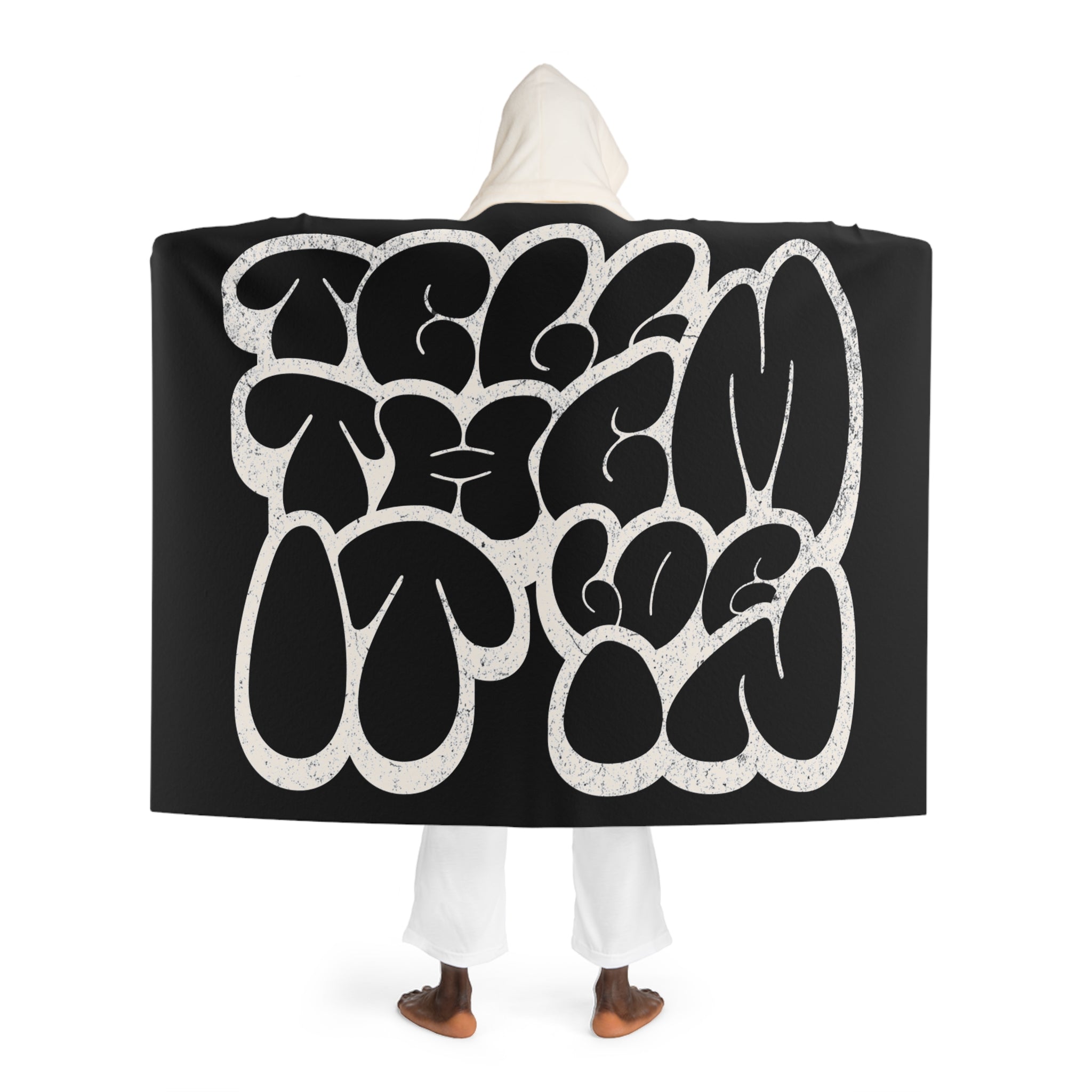 Hooded Sherpa Fleece Blanket — Log it in Cream Throw with Bold Black Heart Motif