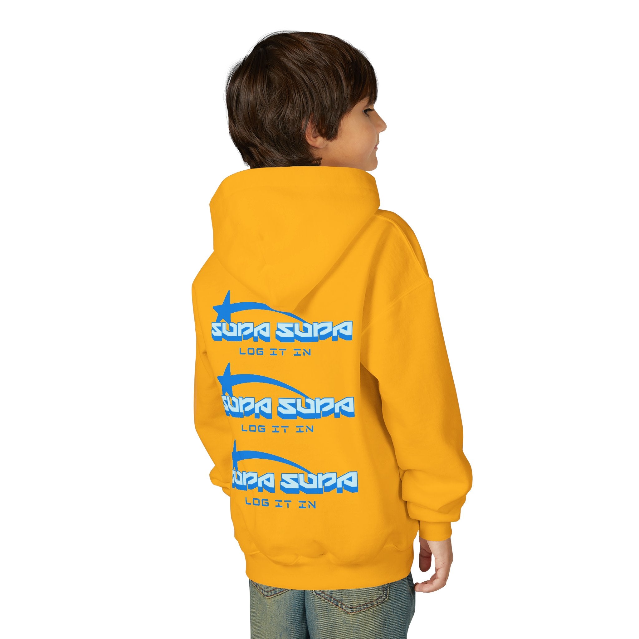 Youth Hoodie - Retro Blue "Supa Supa" Logo "Log It In" Graphic