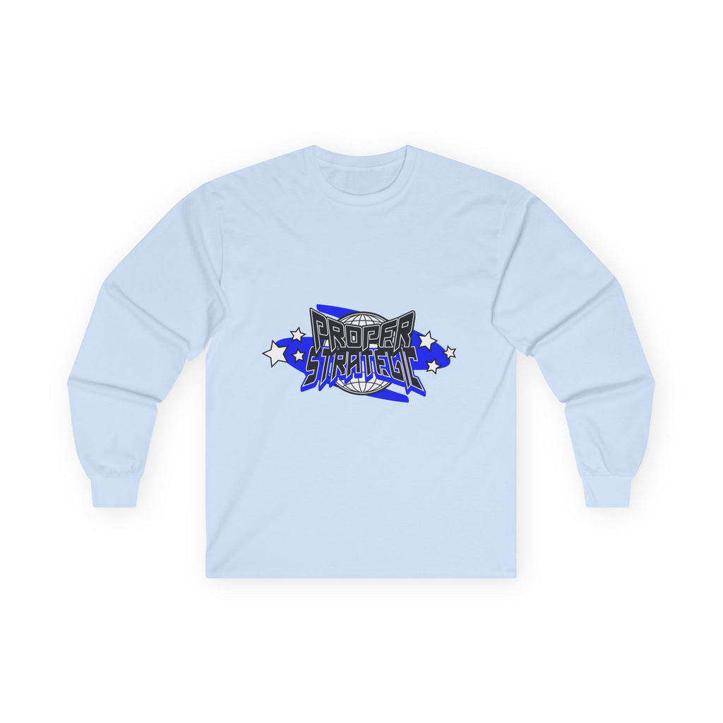 Proper Strategic Long Sleeve Tee — Retro Blue Graphic Shirt for Gamers & Strategists