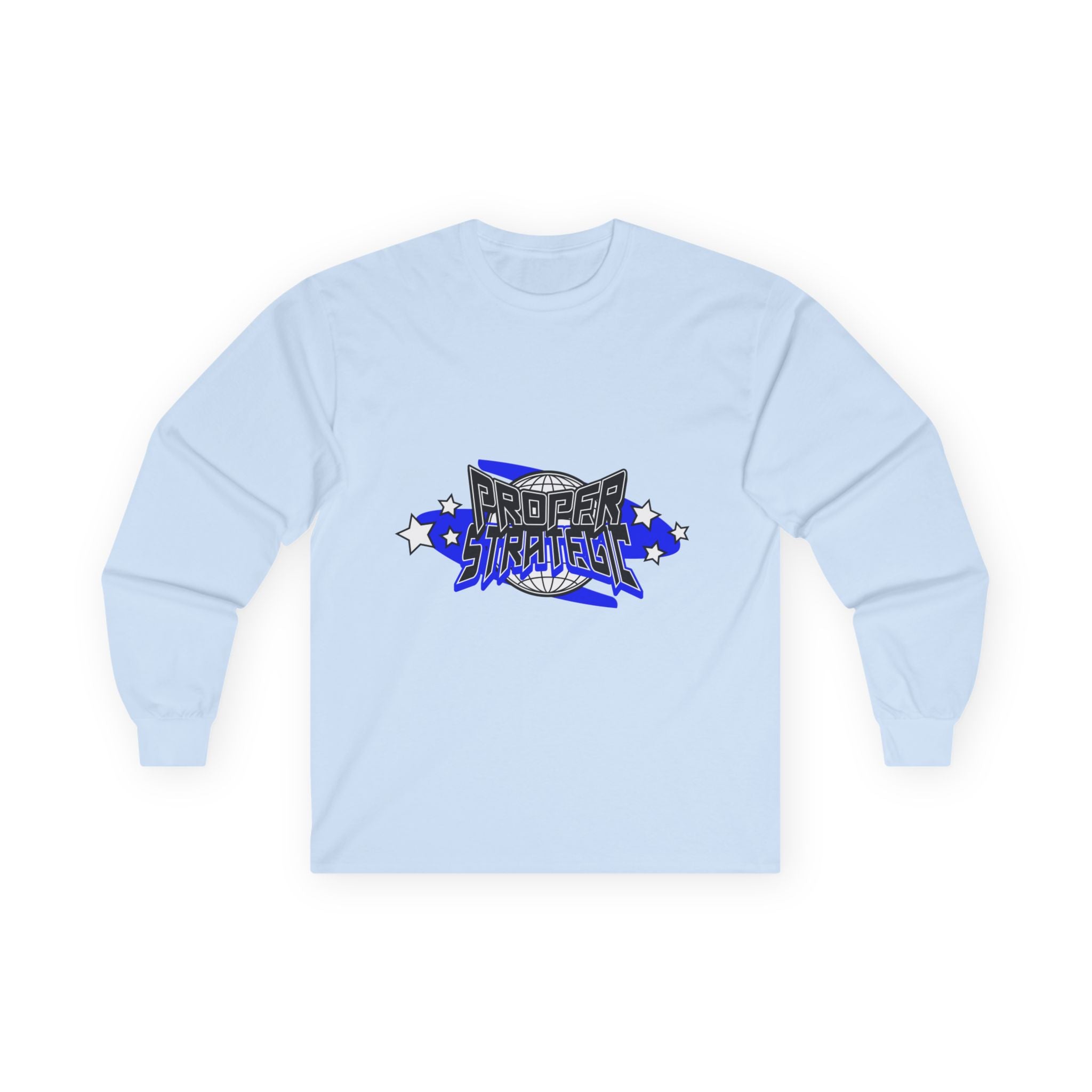 Proper Strategic Long Sleeve Tee — Retro Blue Graphic Shirt for Gamers & Strategists