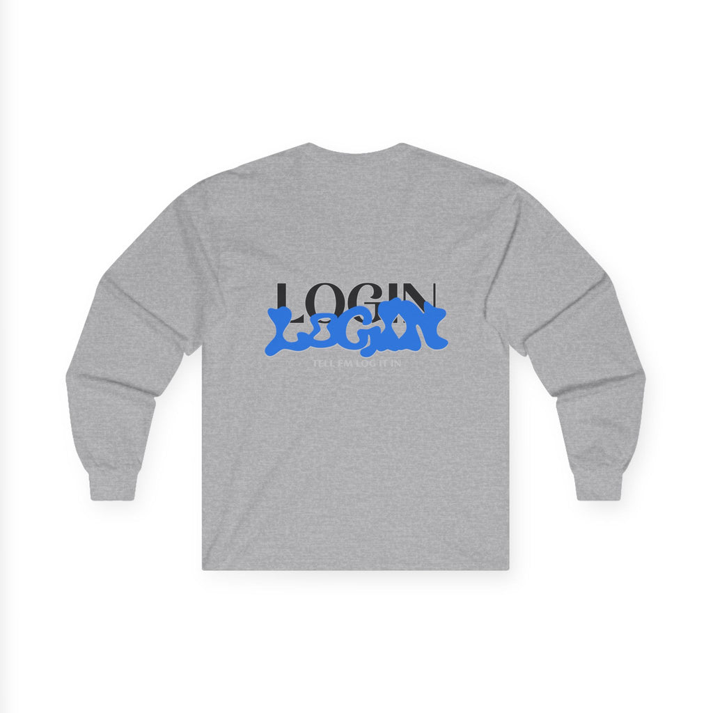 Long Sleeve Tee — "Login" Blue Script Graphic