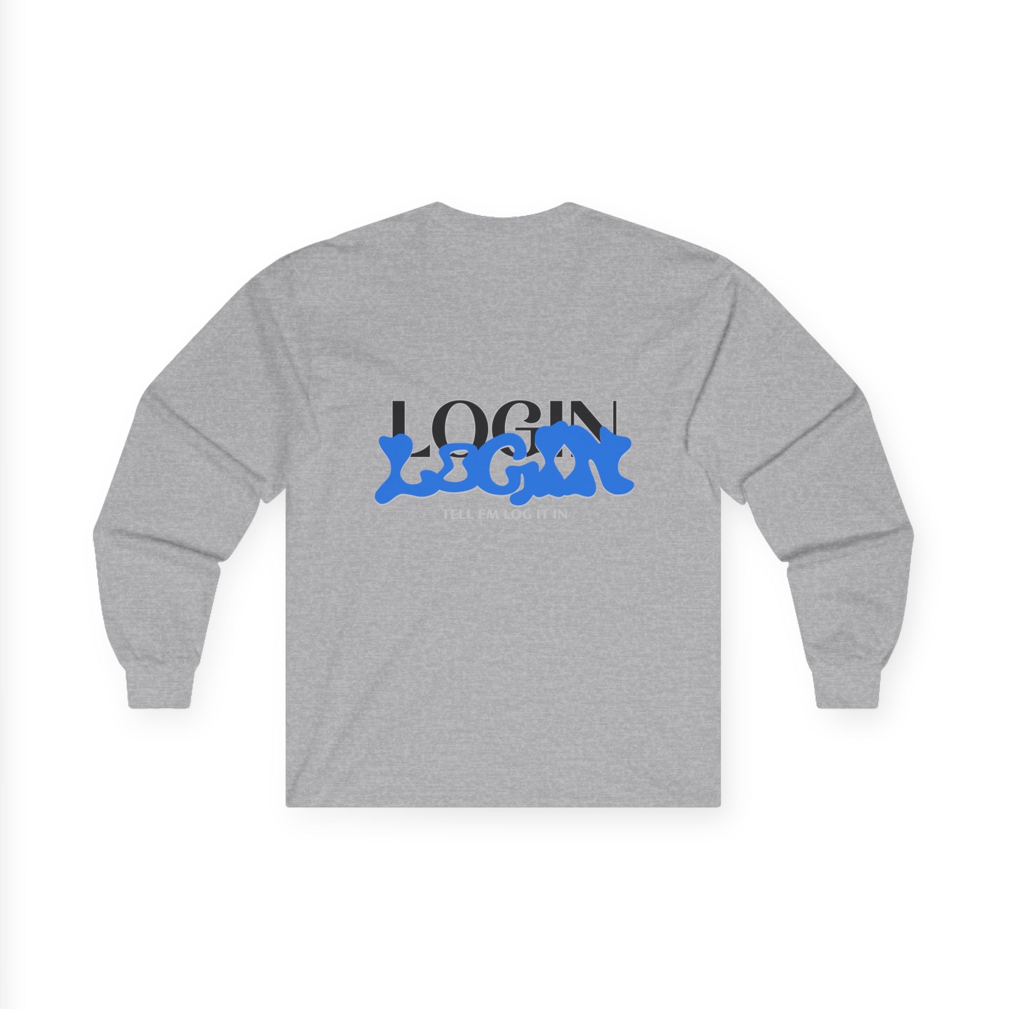 Long Sleeve Tee — "Login" Blue Script Graphic