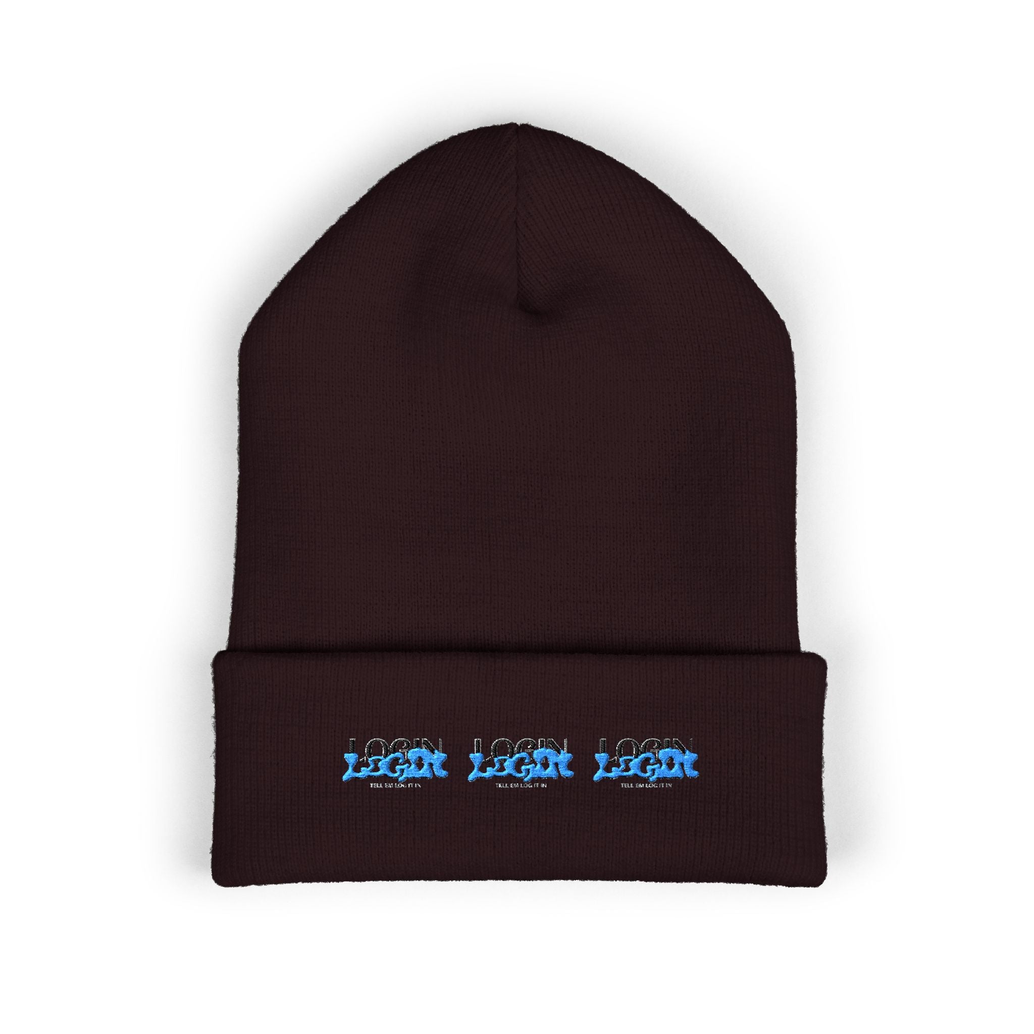 Embroidered 'Login' Cuffed Beanie — Minimal Winter Knit Hat