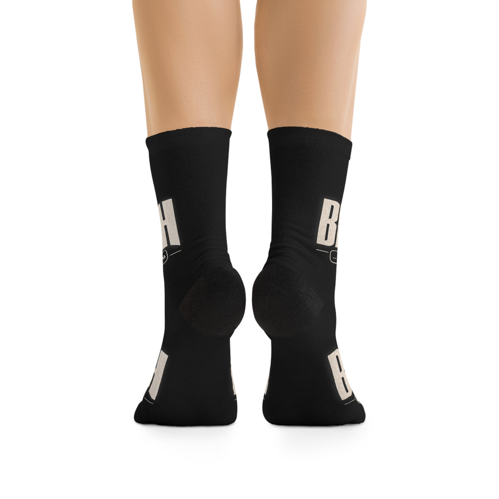 Poly Socks — Bold 'LOG OUT' Graphic Crew Socks with Red Tag Design
