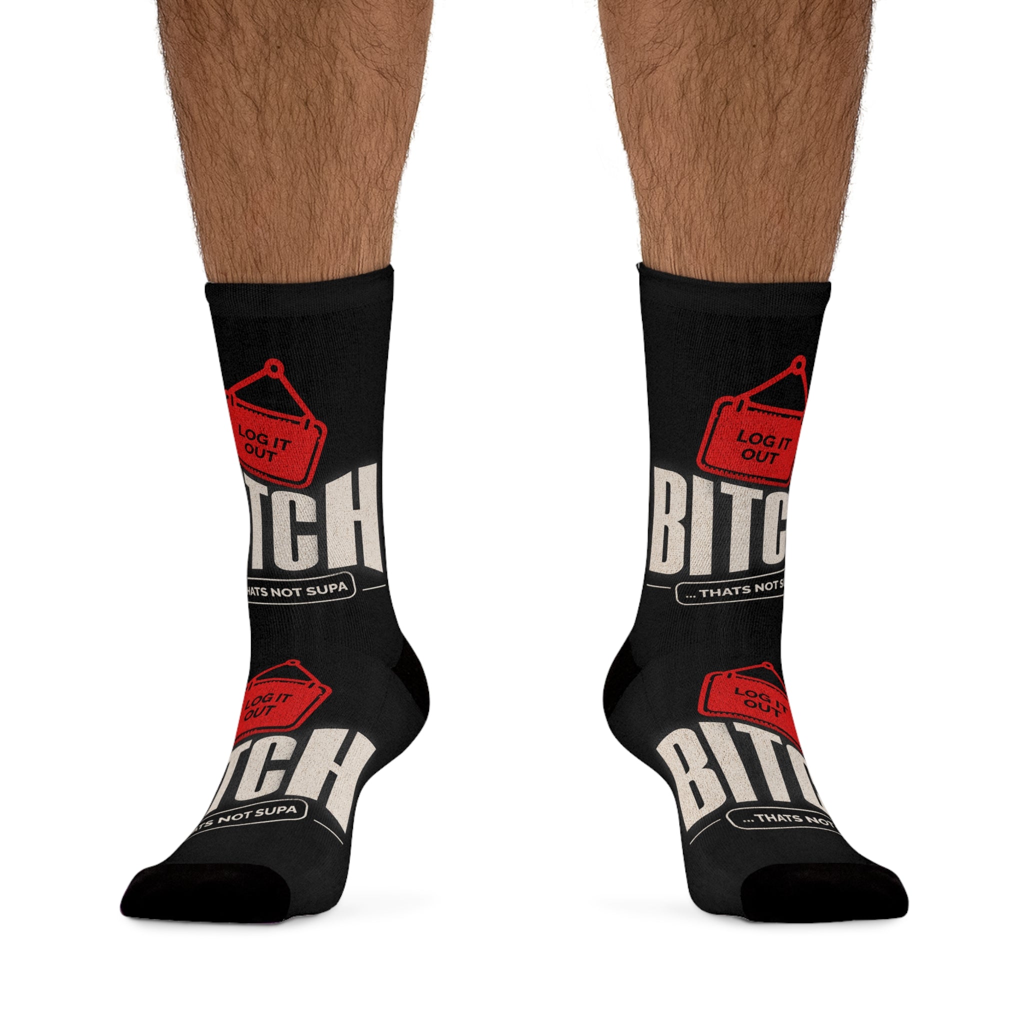 Poly Socks — Bold 'LOG OUT' Graphic Crew Socks with Red Tag Design