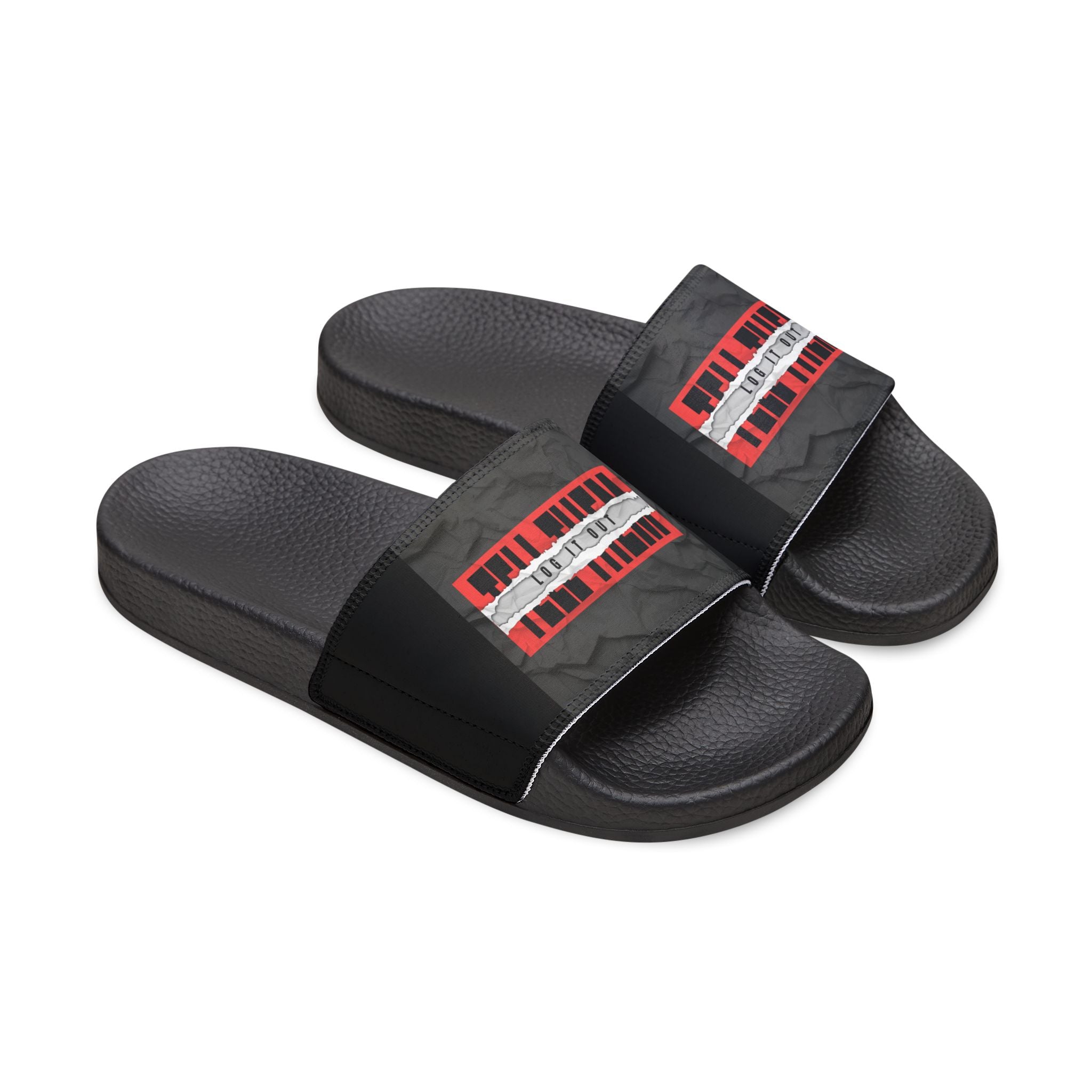 Men's Slide Sandals — "LOG IT OUT" Graphic Adjustable Strap Slides