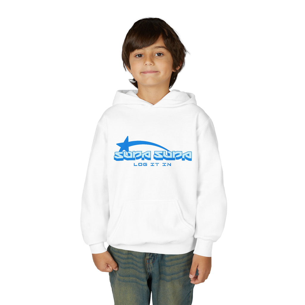 Youth Hoodie - Retro Blue "Supa Supa" Logo "Log It In" Graphic