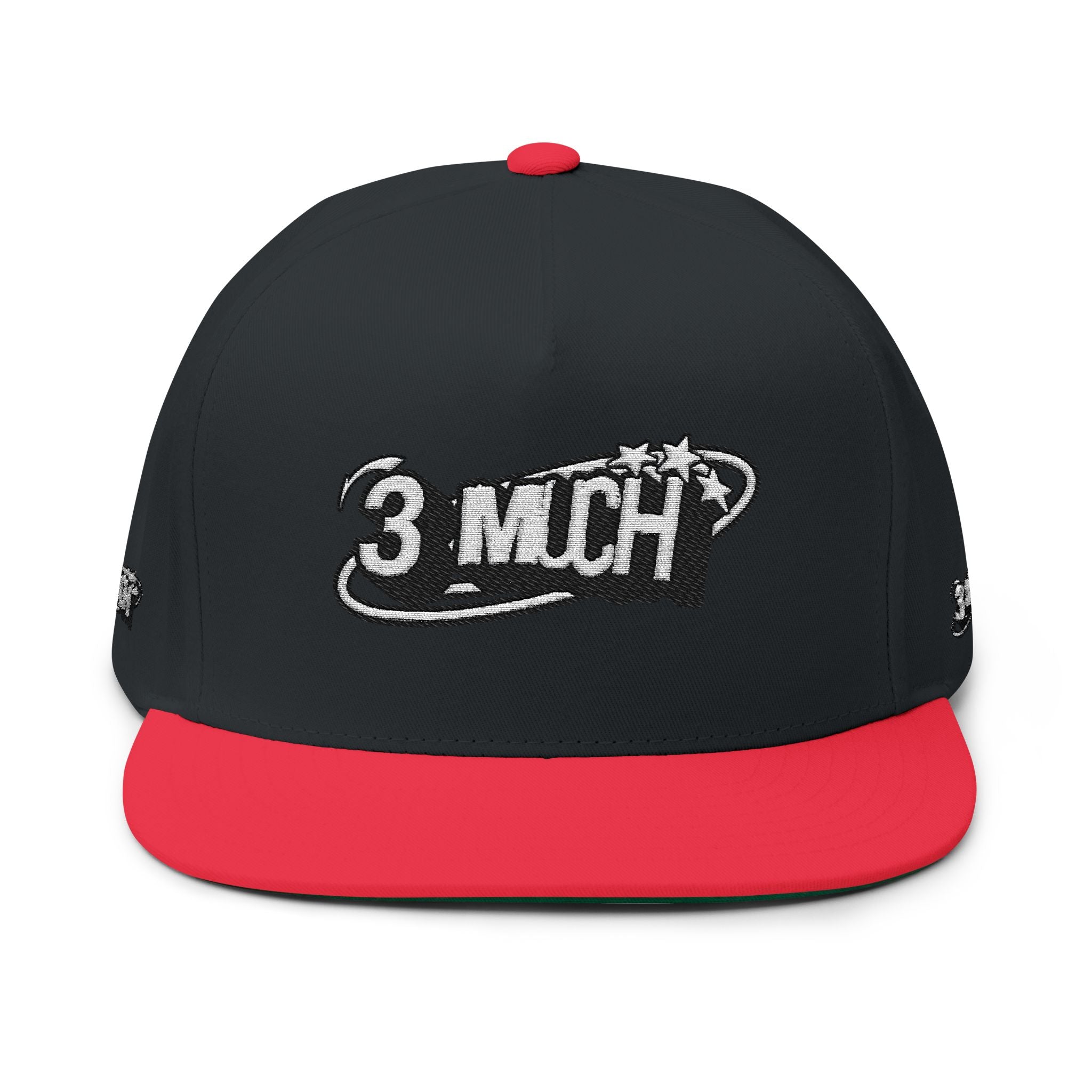 Embroidered Flat Bill Cap — 3 MuCH Retro Logo Snapback