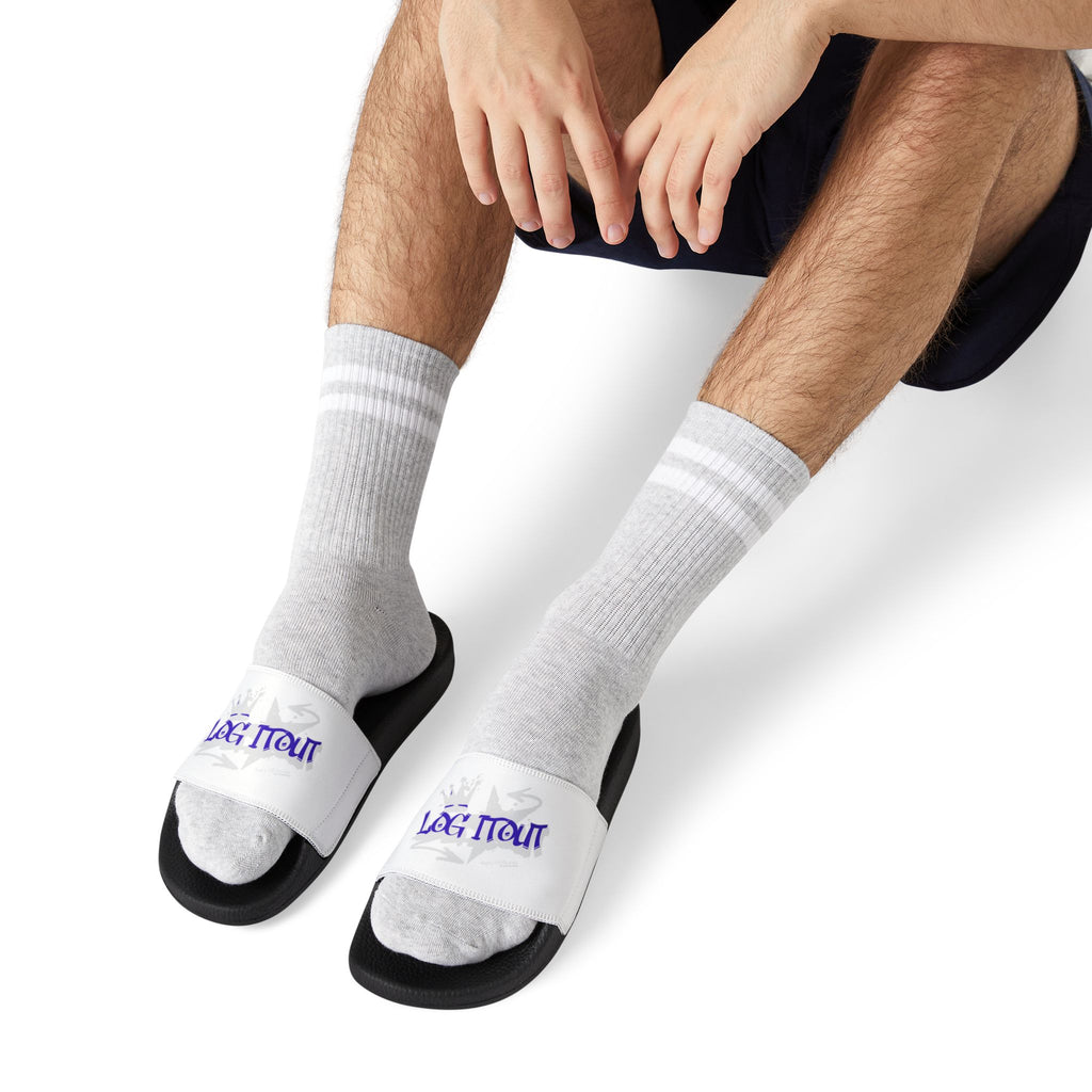 Men's Slide Sandals — White Removable-Strap Slides with 'Log it out' Graphic