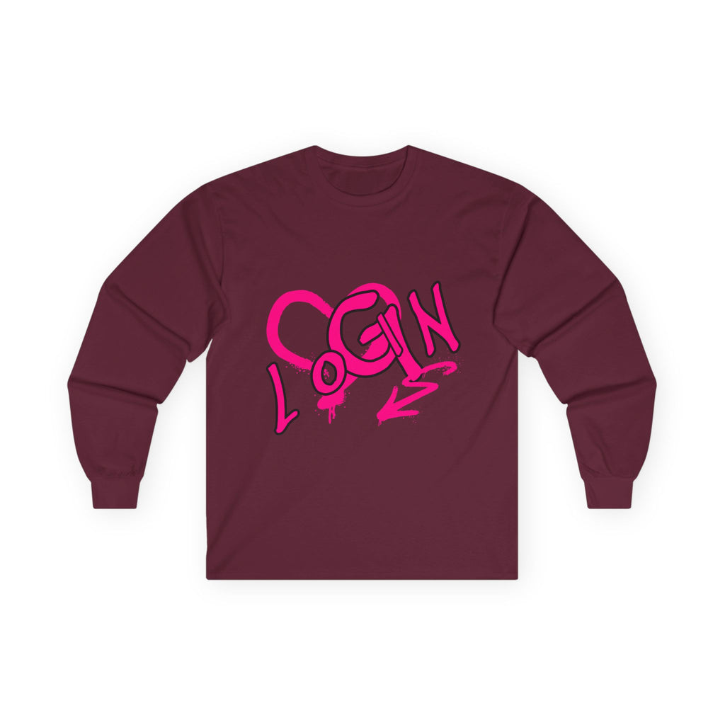 Long Sleeve Tee — Pink Graffiti "LOGIN" Heart Design