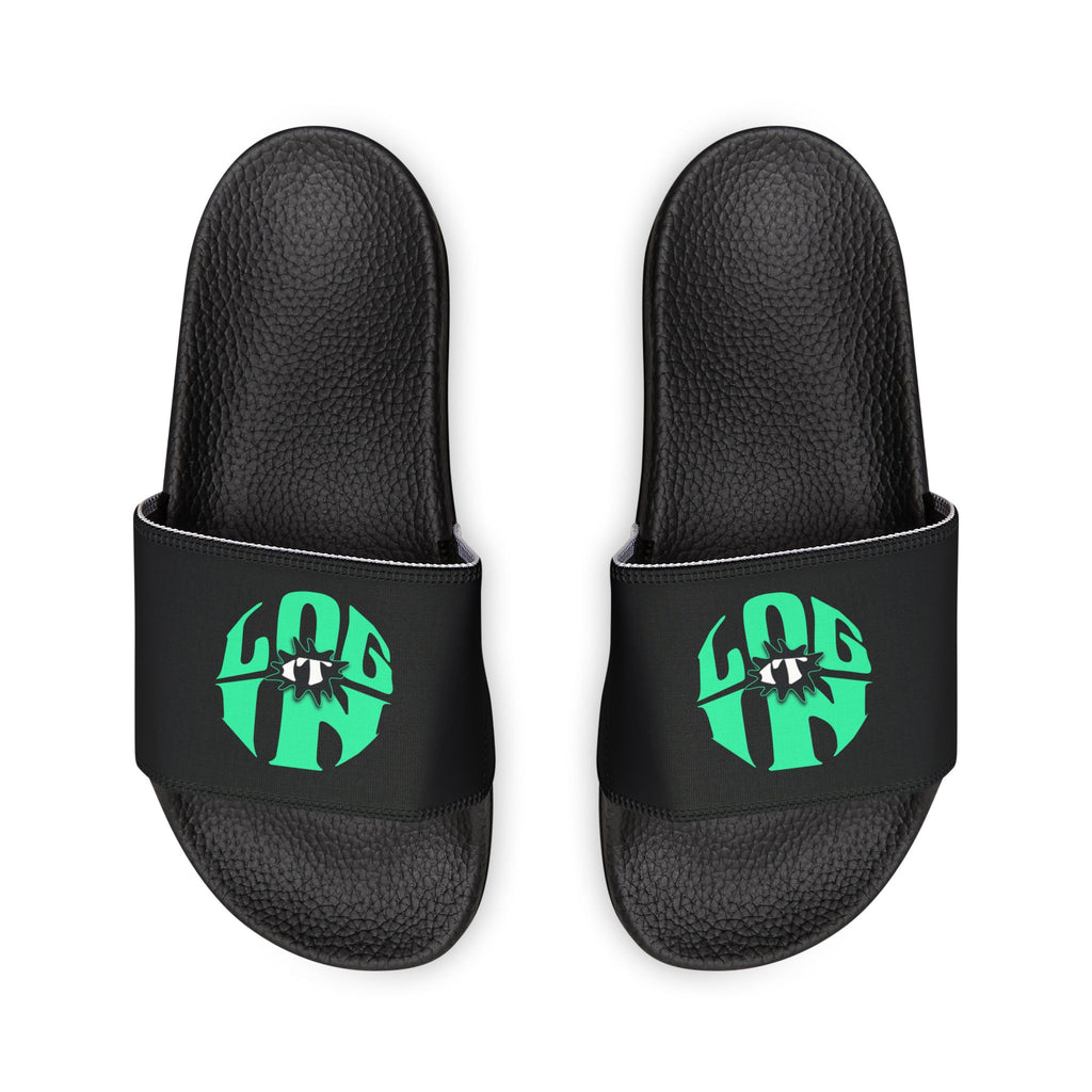 Slide Sandals — Women's White Removable-Strap Slides with Aqua Log it in