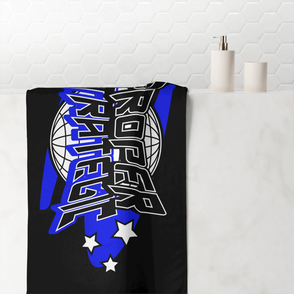 Proper Strategic Logo Beach Towel — Black & Blue Graphic Cotton Towel