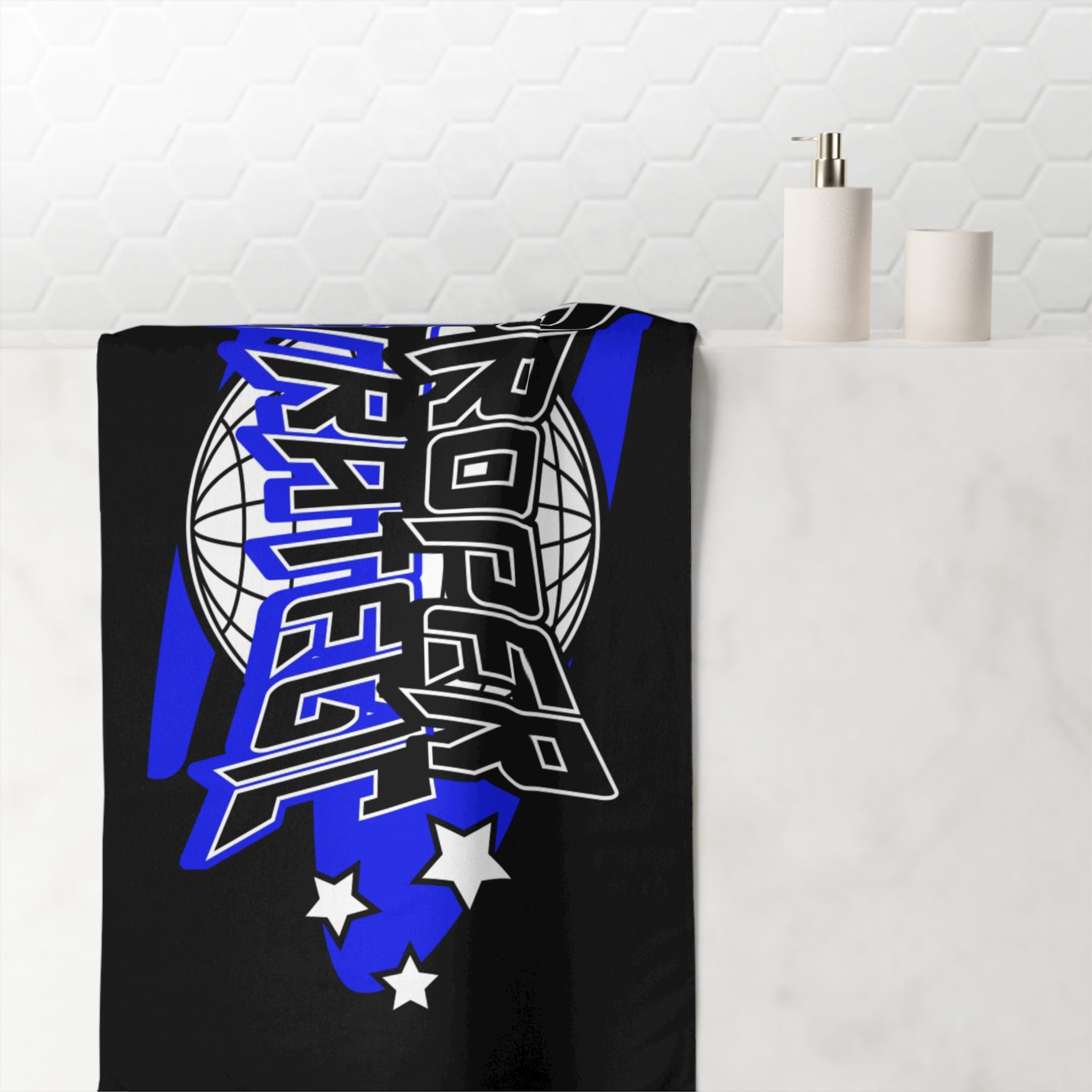 Proper Strategic Logo Beach Towel — Black & Blue Graphic Cotton Towel
