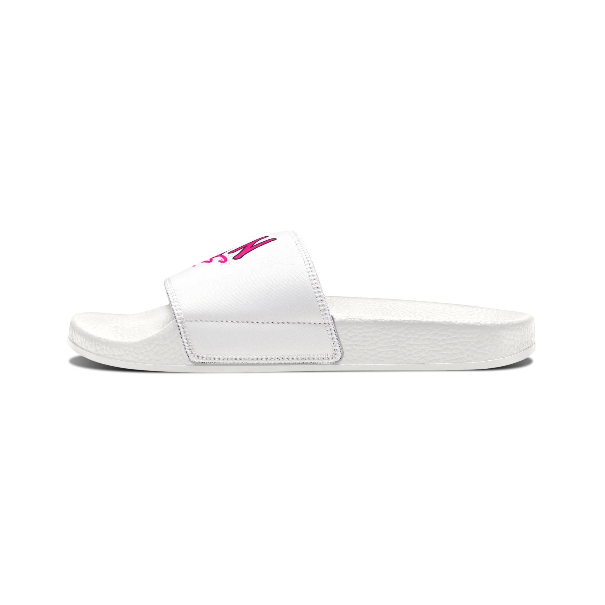 Women's Slide Sandals — White Removable-Strap Slides with Pink Graffiti "LOGIN" Design