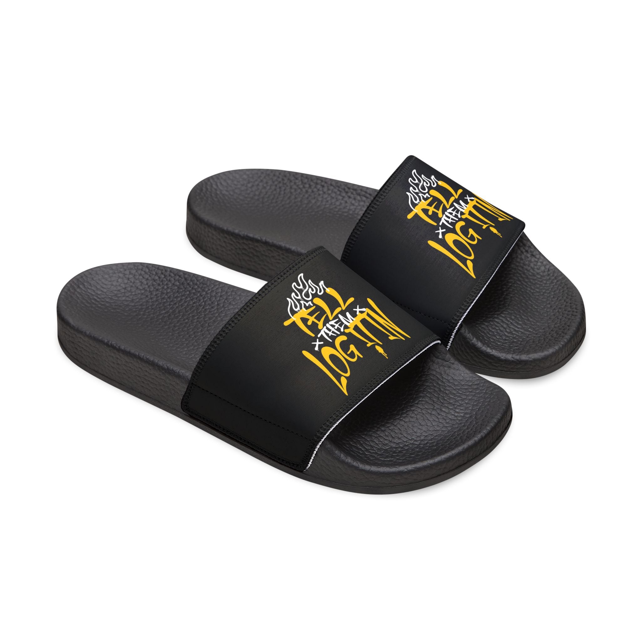 Slide Sandals — Black Straps with Yellow Graffiti "Tell em Log it in" Design