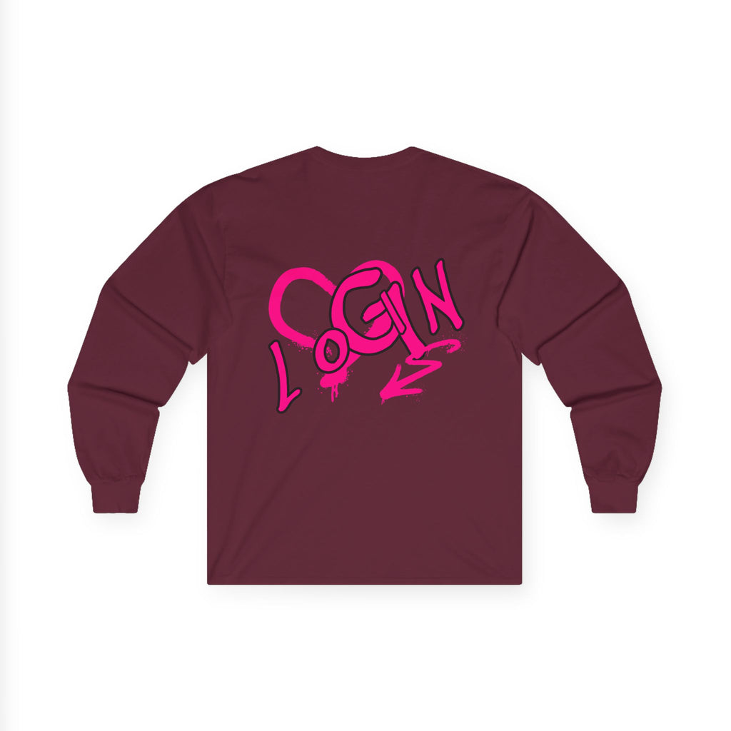 Long Sleeve Tee — Pink Graffiti "LOGIN" Heart Design