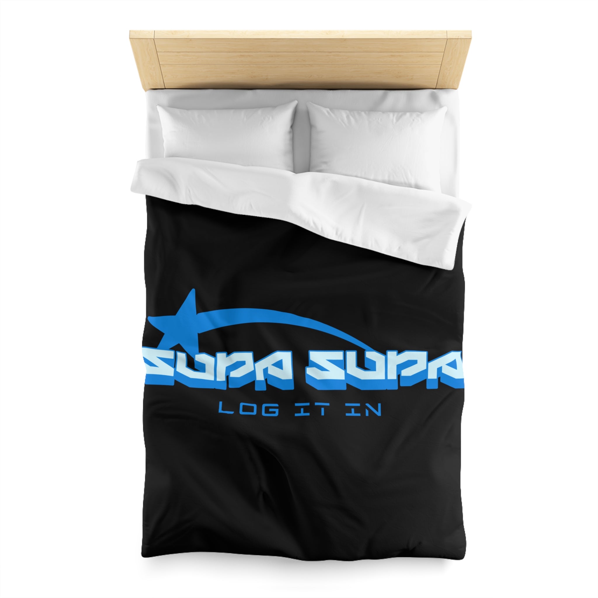 Duvet Cover — Black 'Supa Supa Log It In' Graphic Microfiber Bedding