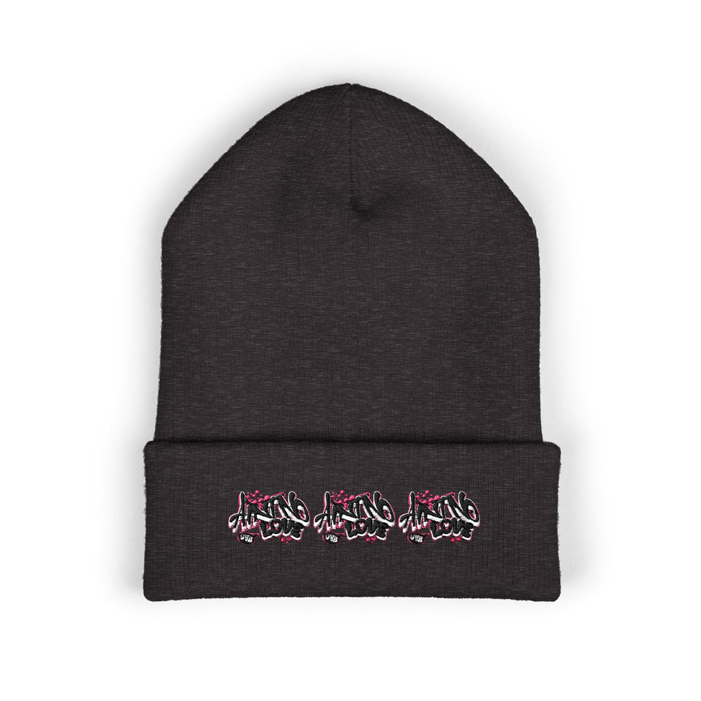 Embroidered Floral Beanie — "NO LOVE" Cuffed Knit Hat