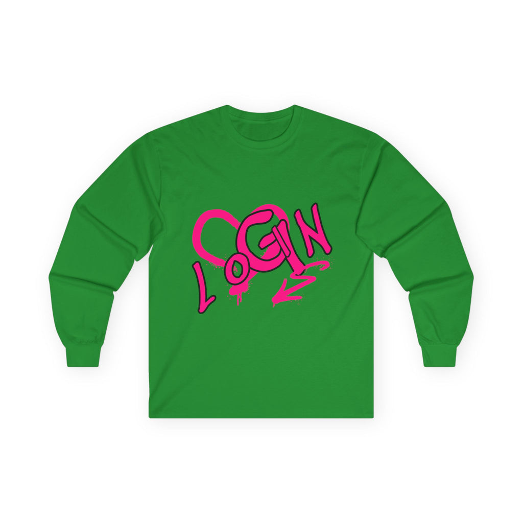 Long Sleeve Tee — Pink Graffiti "LOGIN" Heart Design