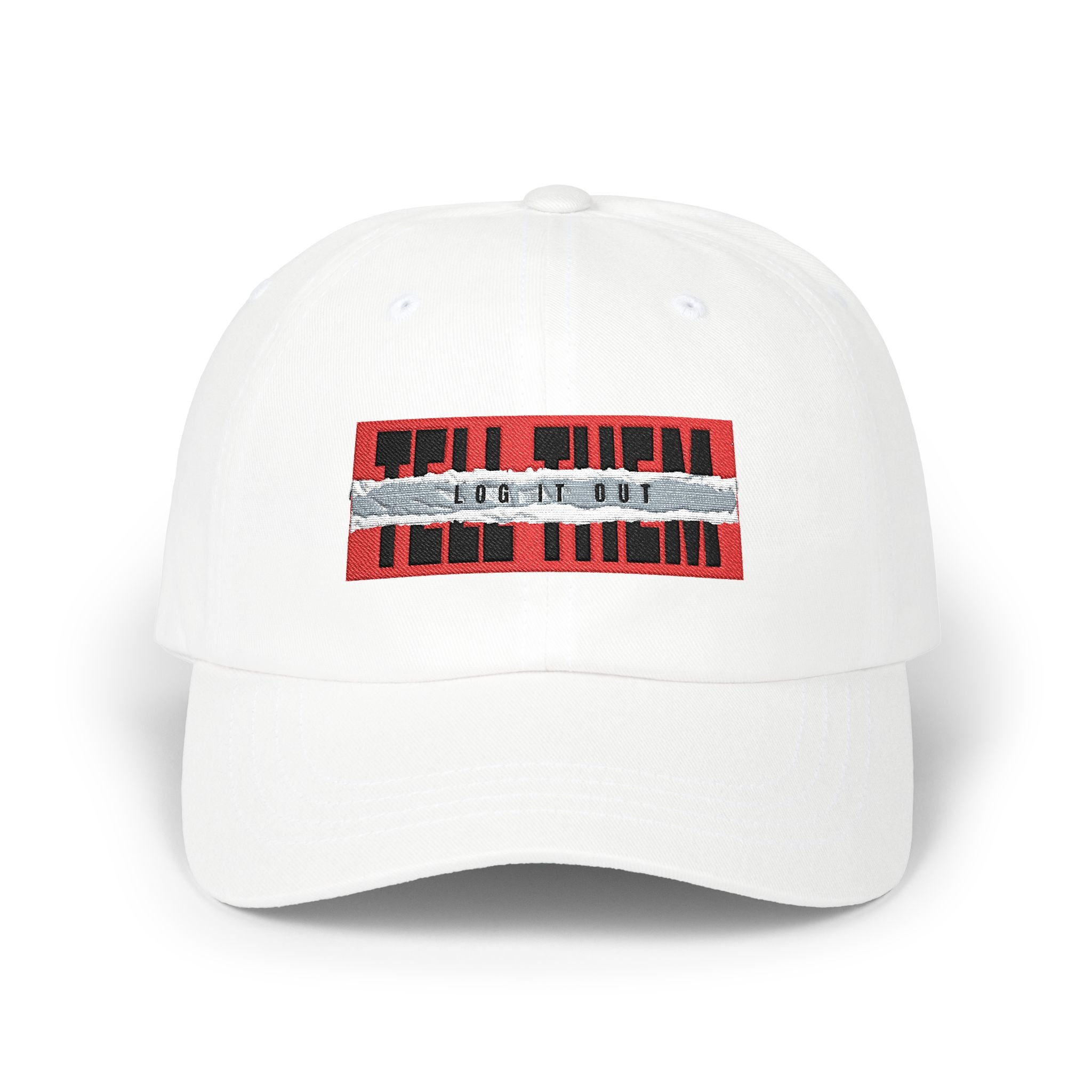 "LOG IT OUT" Hat with Red & Silver Sequined Stripe Embroidery