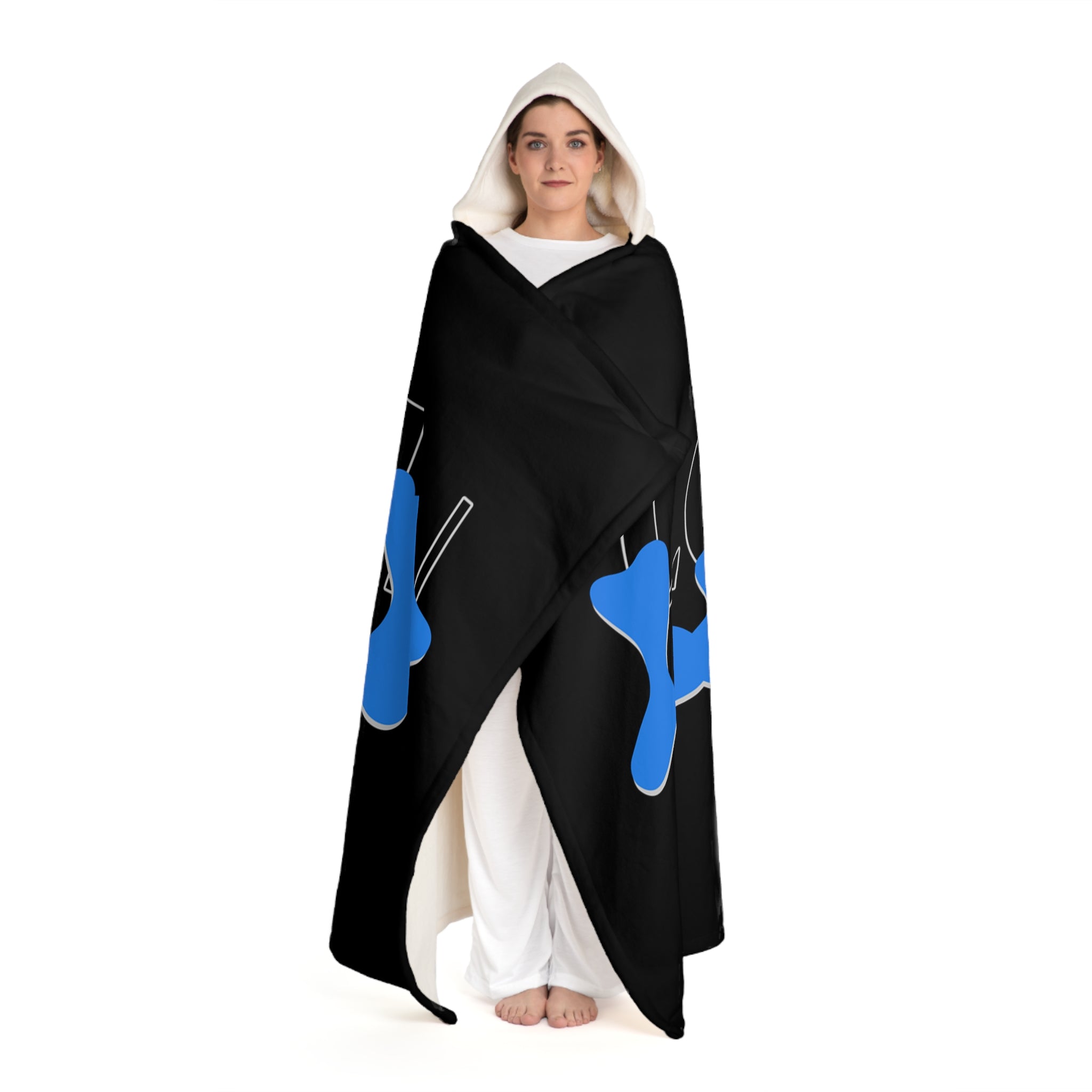 Hooded Sherpa Blanket – Black with Blue Login Print Cozy Throw