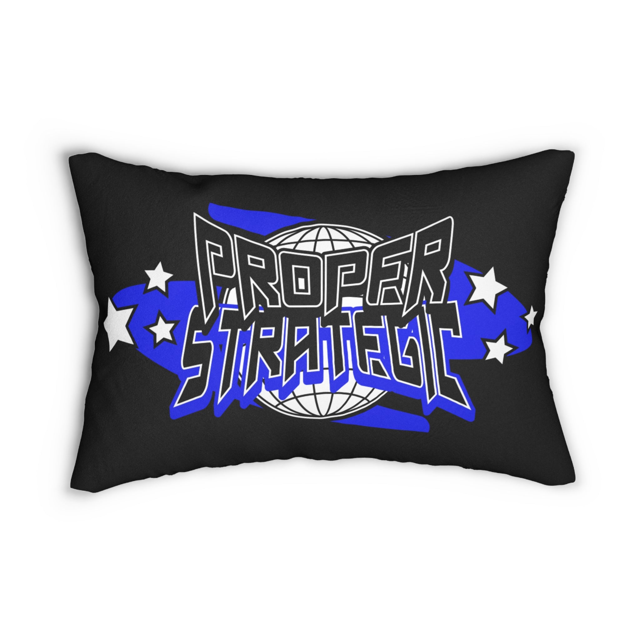 Lumbar Pillow — 'Proper Strategic' Retro Globe Graphic, Blue Stars Accent