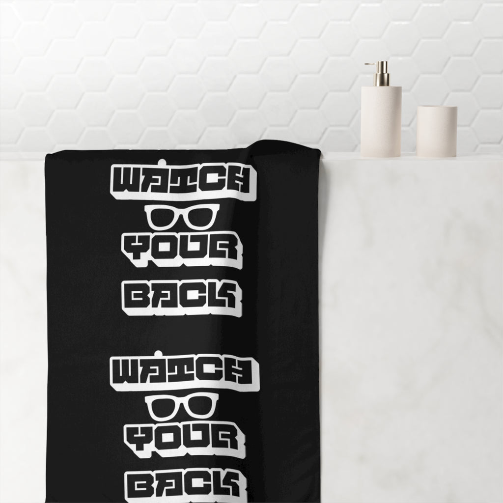 Watch Your Back Beach Towel — Bold Graphic Sunglasses Text Print