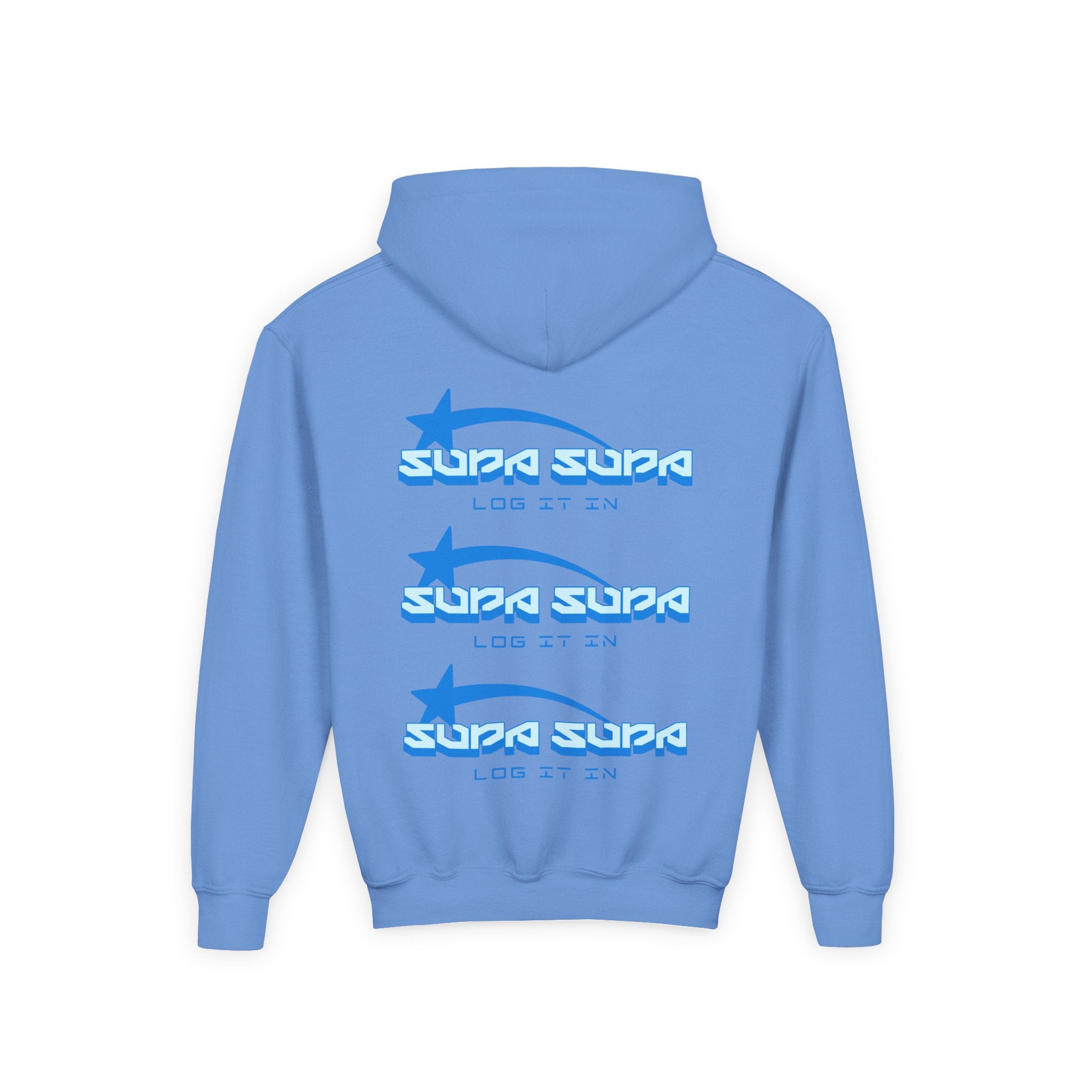 Youth Hoodie - Retro Blue "Supa Supa" Logo "Log It In" Graphic