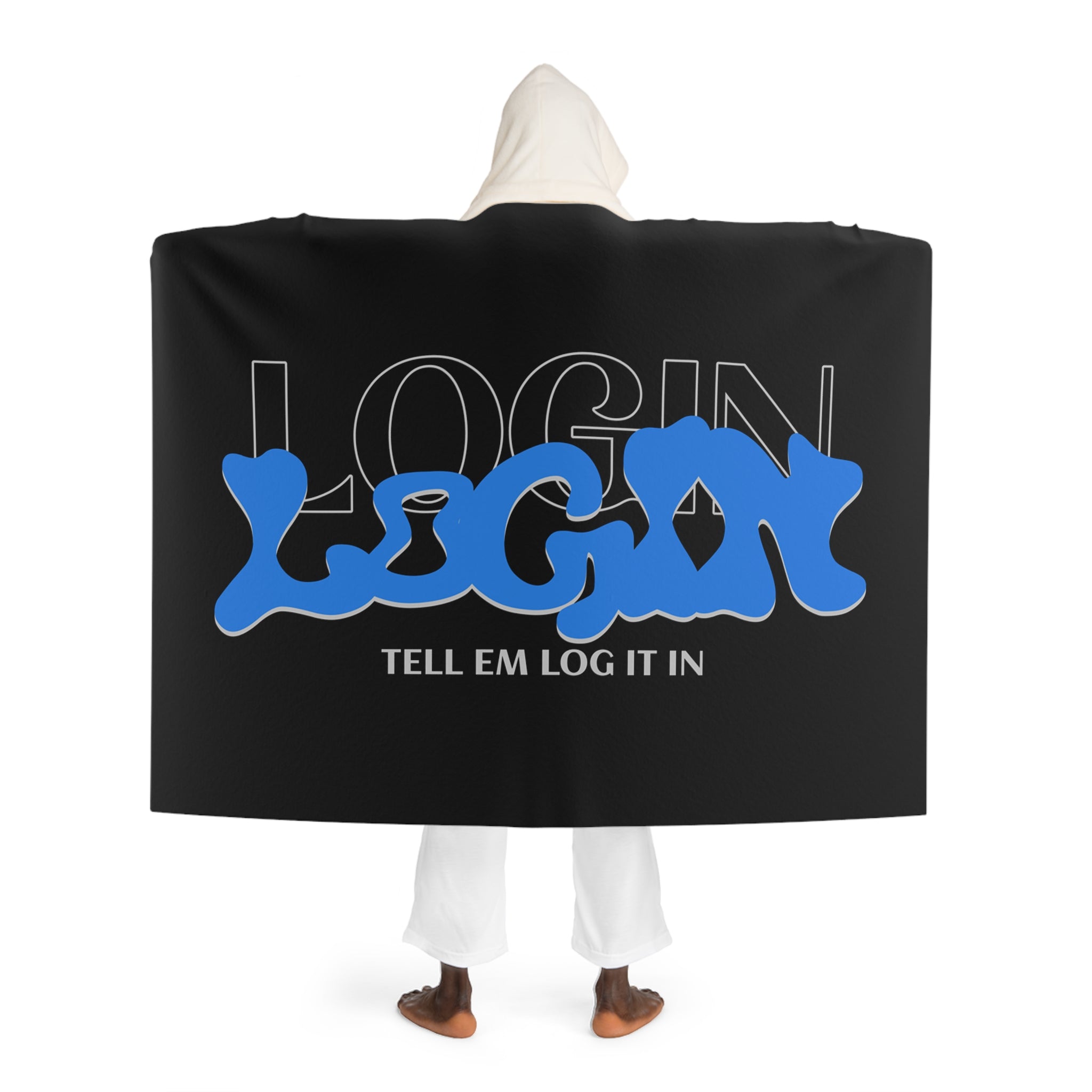 Hooded Sherpa Blanket – Black with Blue Login Print Cozy Throw